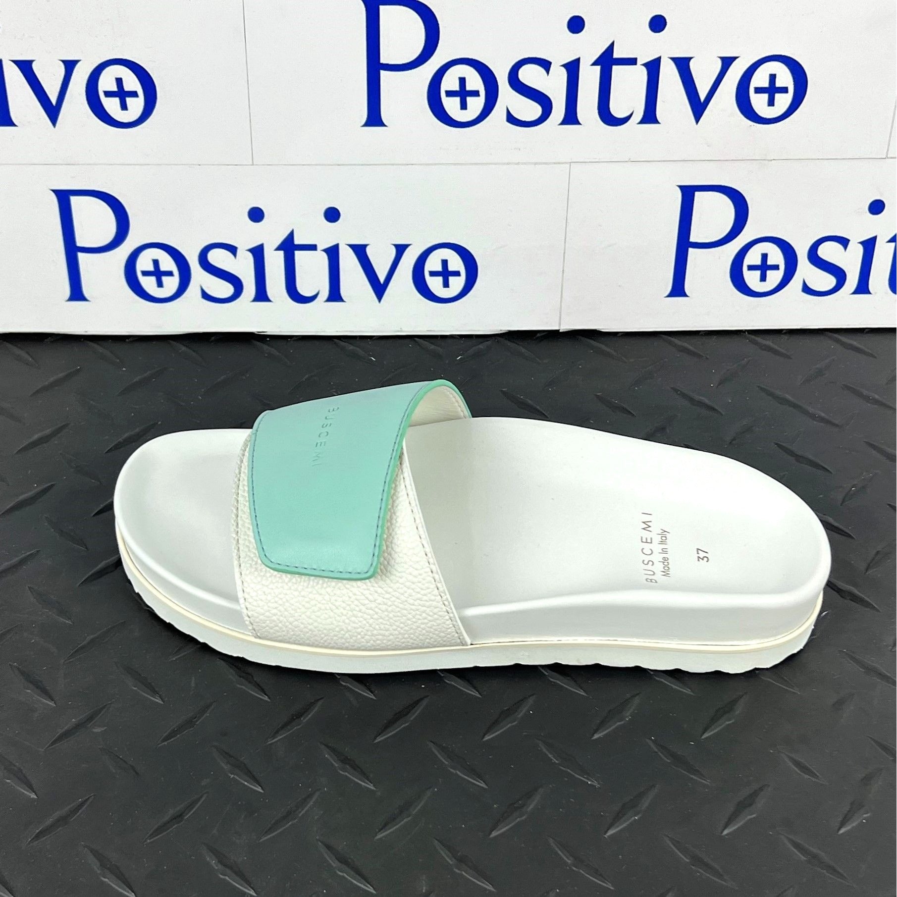 Buscemi Womens Slide Scratch White/Acqua Leather Sandals SAMPLE | Positivo Clothing