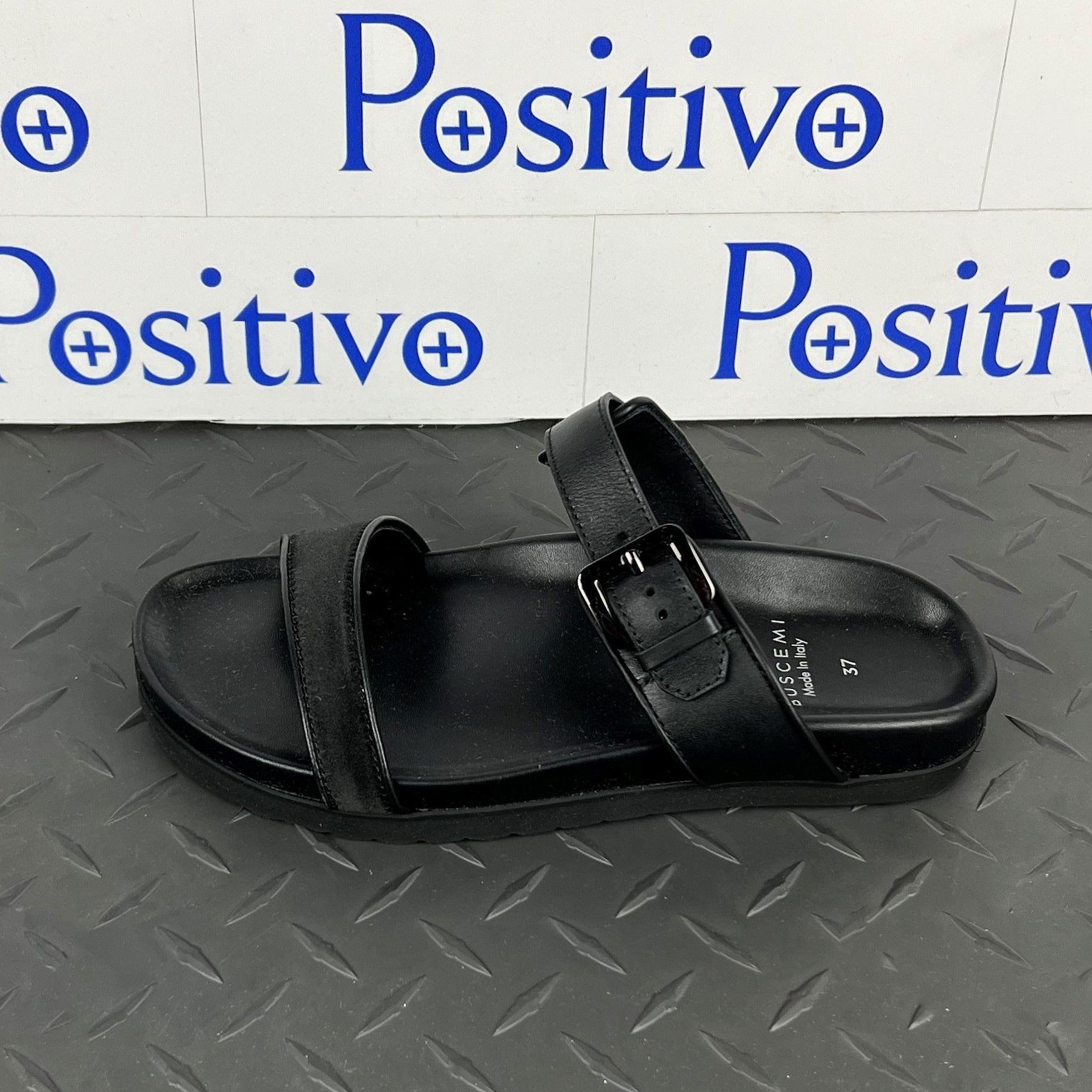 Buscemi Womens Slide Band Satin Black Leather Sandals SAMPLE | Positivo Clothing
