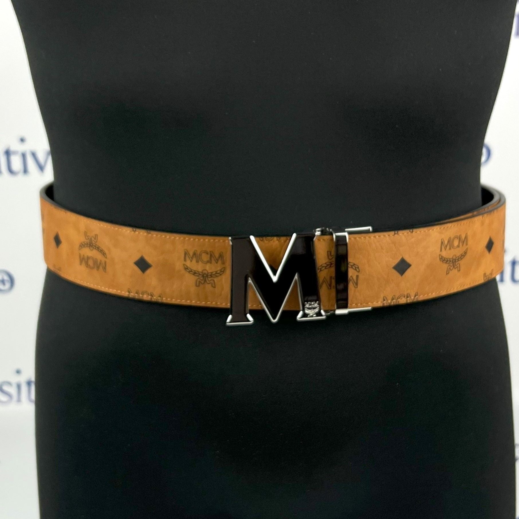 MCM Mens Claus Silver M Buckle Cognac Leather Reversible Belt | Positivo Clothing