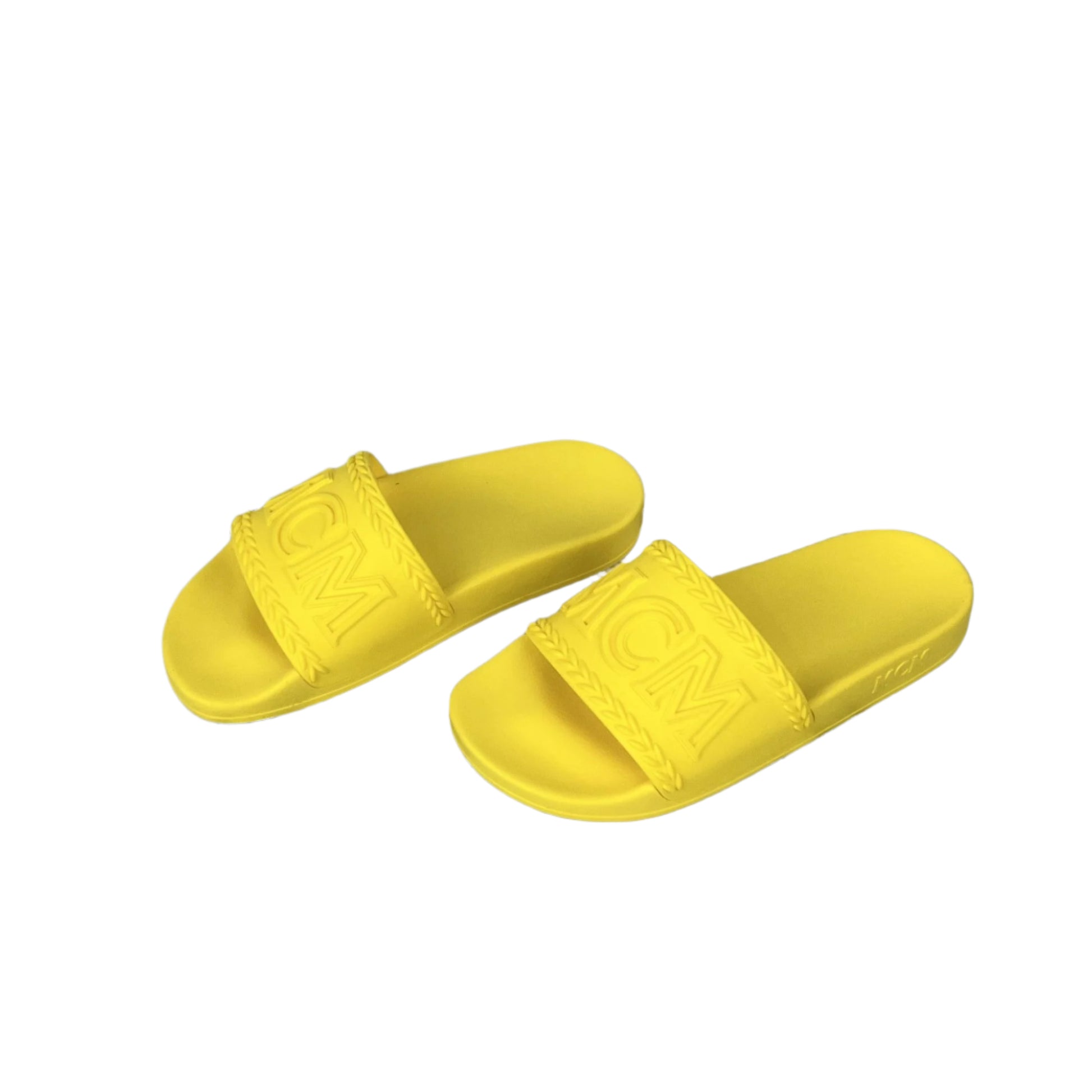 MCM Womens Yellow Big Logo Rubber Slides | Positivo Clothing