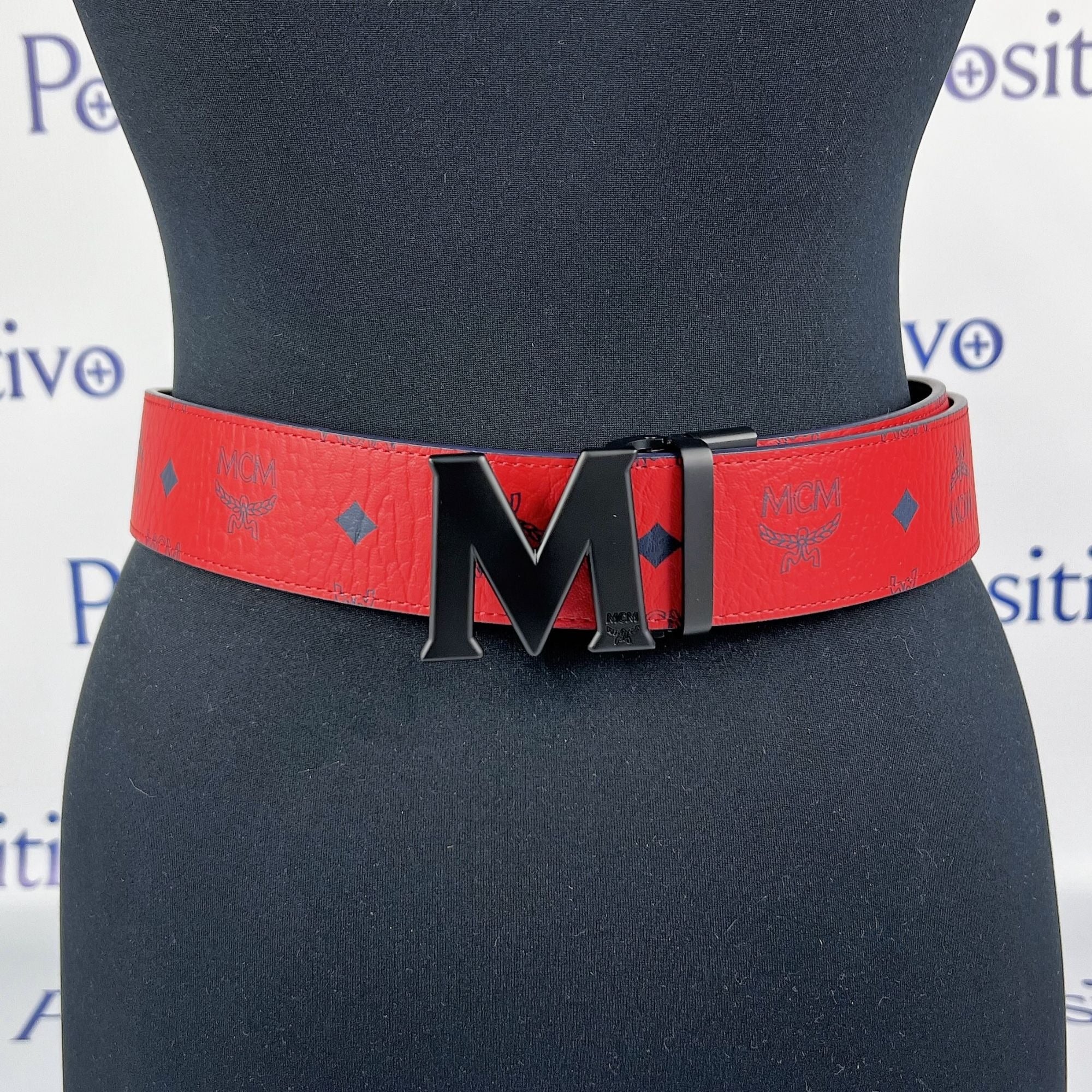 MCM Mens Claus Black M Buckle Candy Red Leather Reversible Belt
