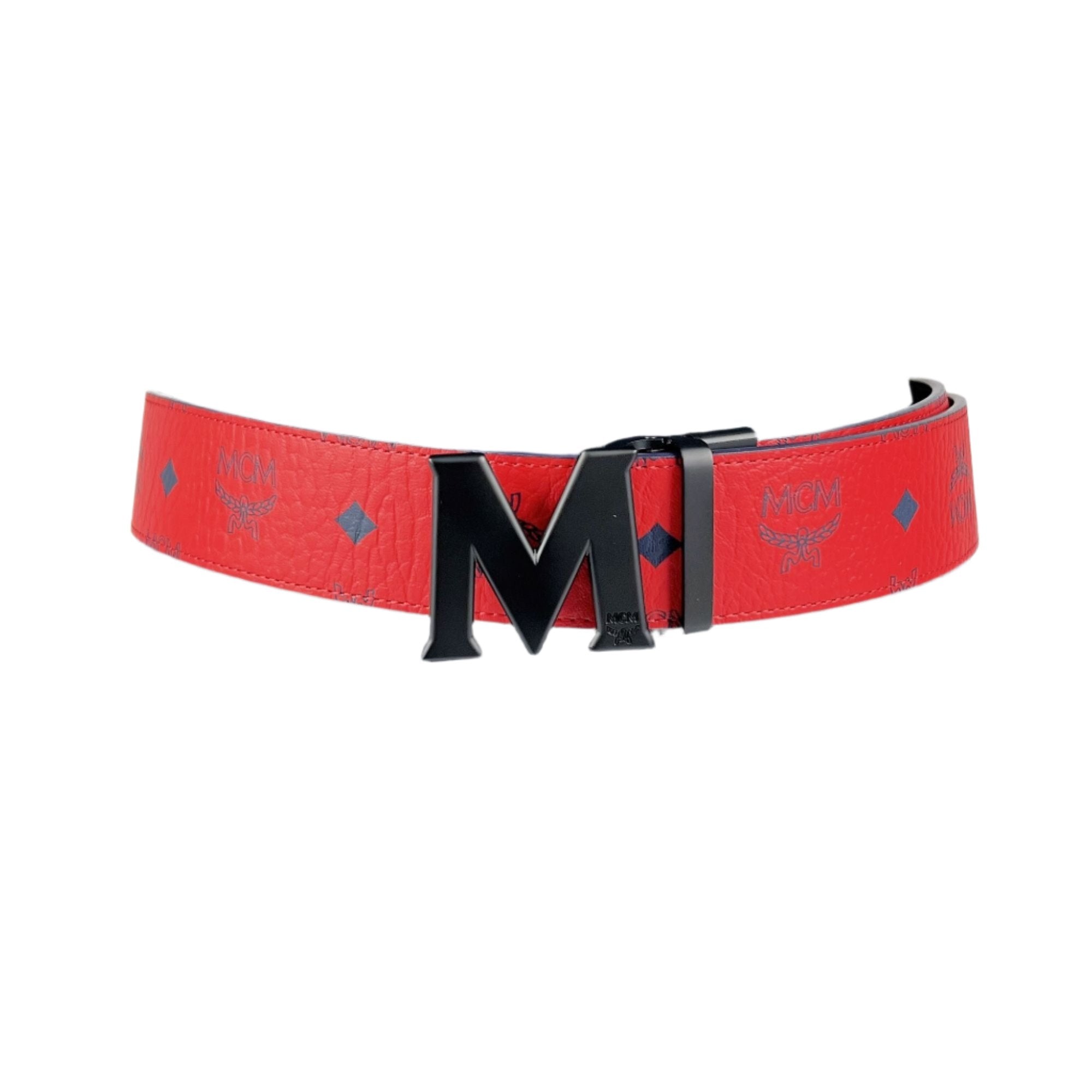 MCM Mens Claus Black M Buckle Candy Red Leather Reversible Belt