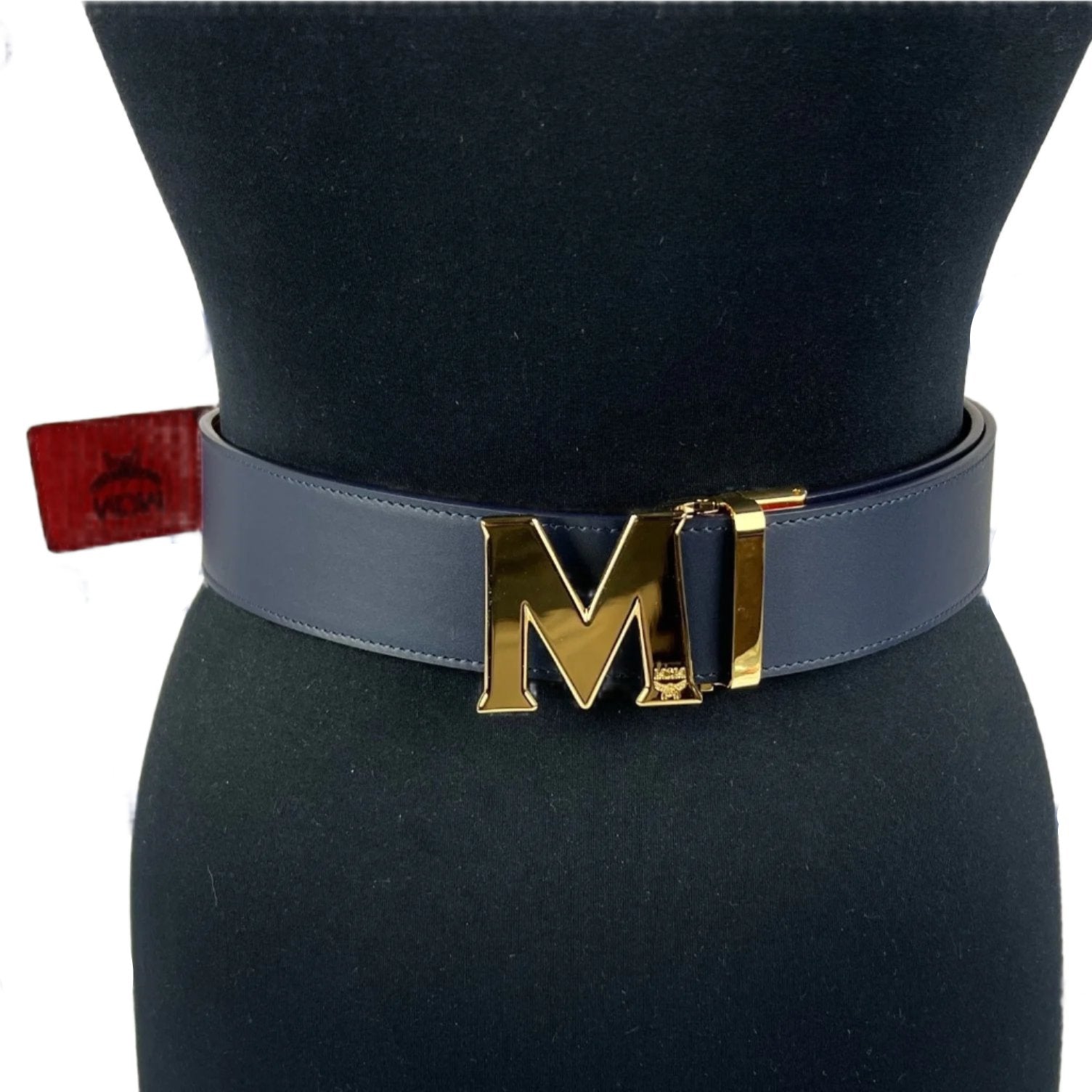 MCM Mens Claus Black M Buckle Candy Red Leather Reversible Belt