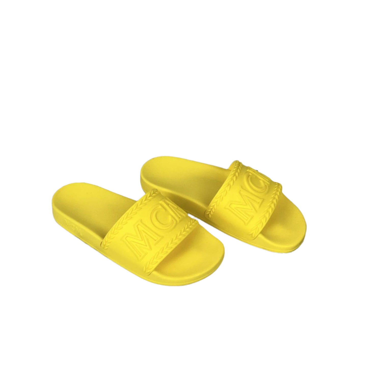 MCM Womens Yellow Big Logo Rubber Slides | Positivo Clothing
