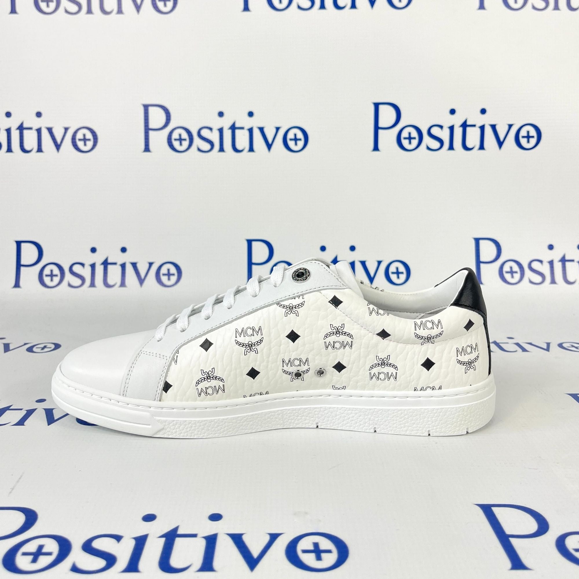 MCM Terrain Derby Visetos White Leather Low Top Sneakers | Positivo Clothing