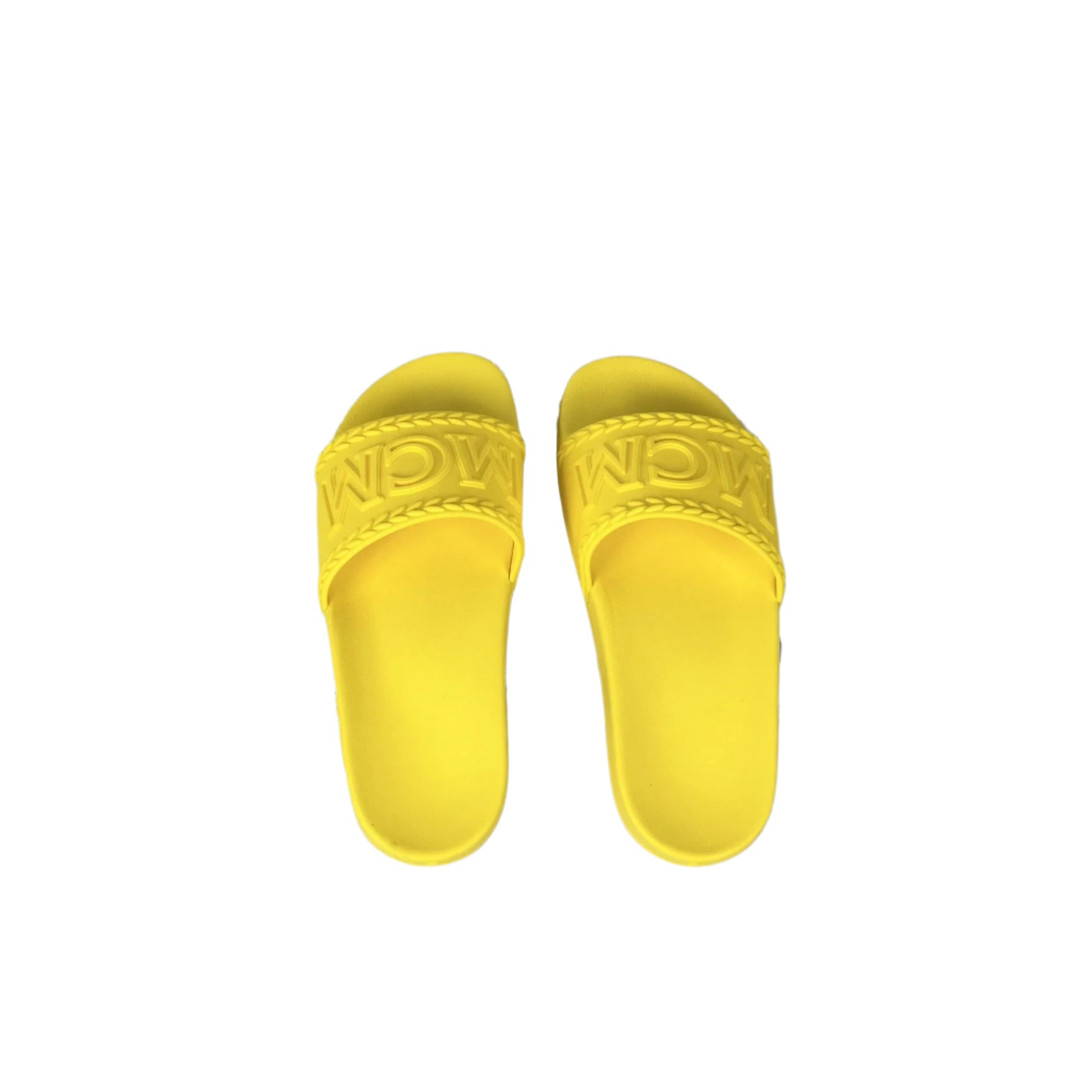 MCM Womens Yellow Big Logo Rubber Slides | Positivo Clothing