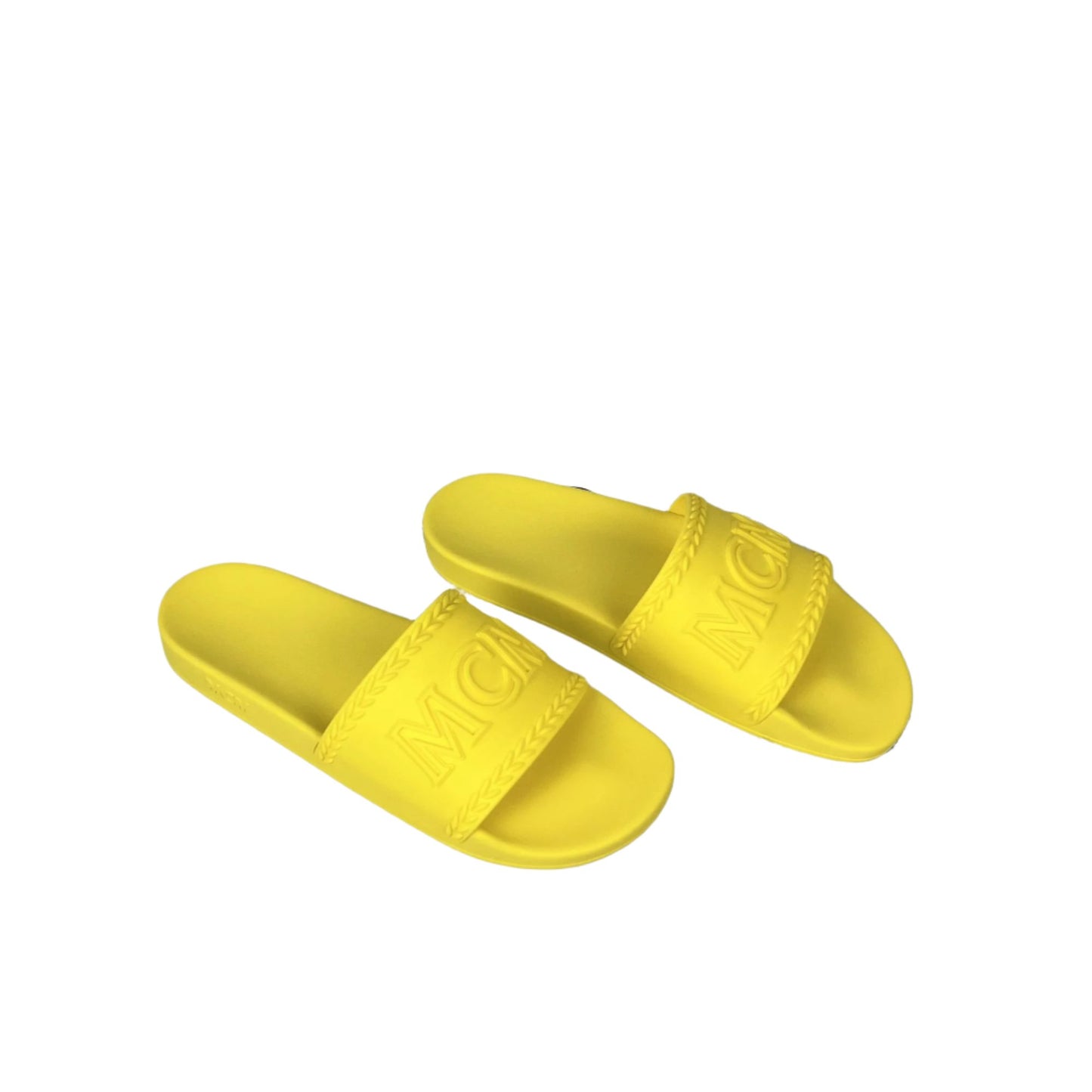 MCM Mens Yellow Big Logo Rubber Slides | Positivo Clothing