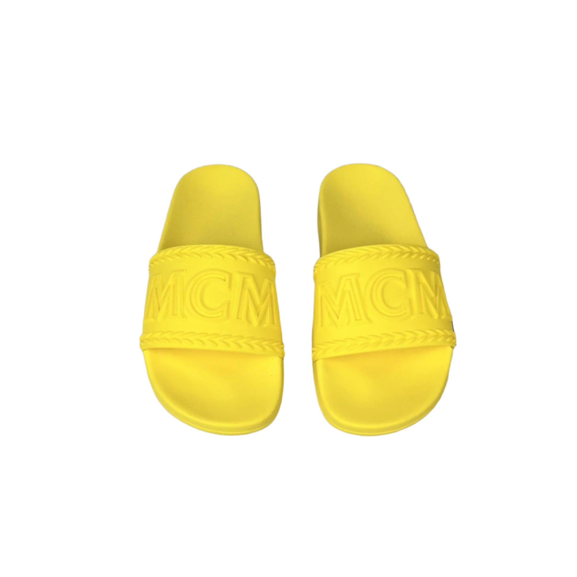 MCM Womens Yellow Big Logo Rubber Slides | Positivo Clothing