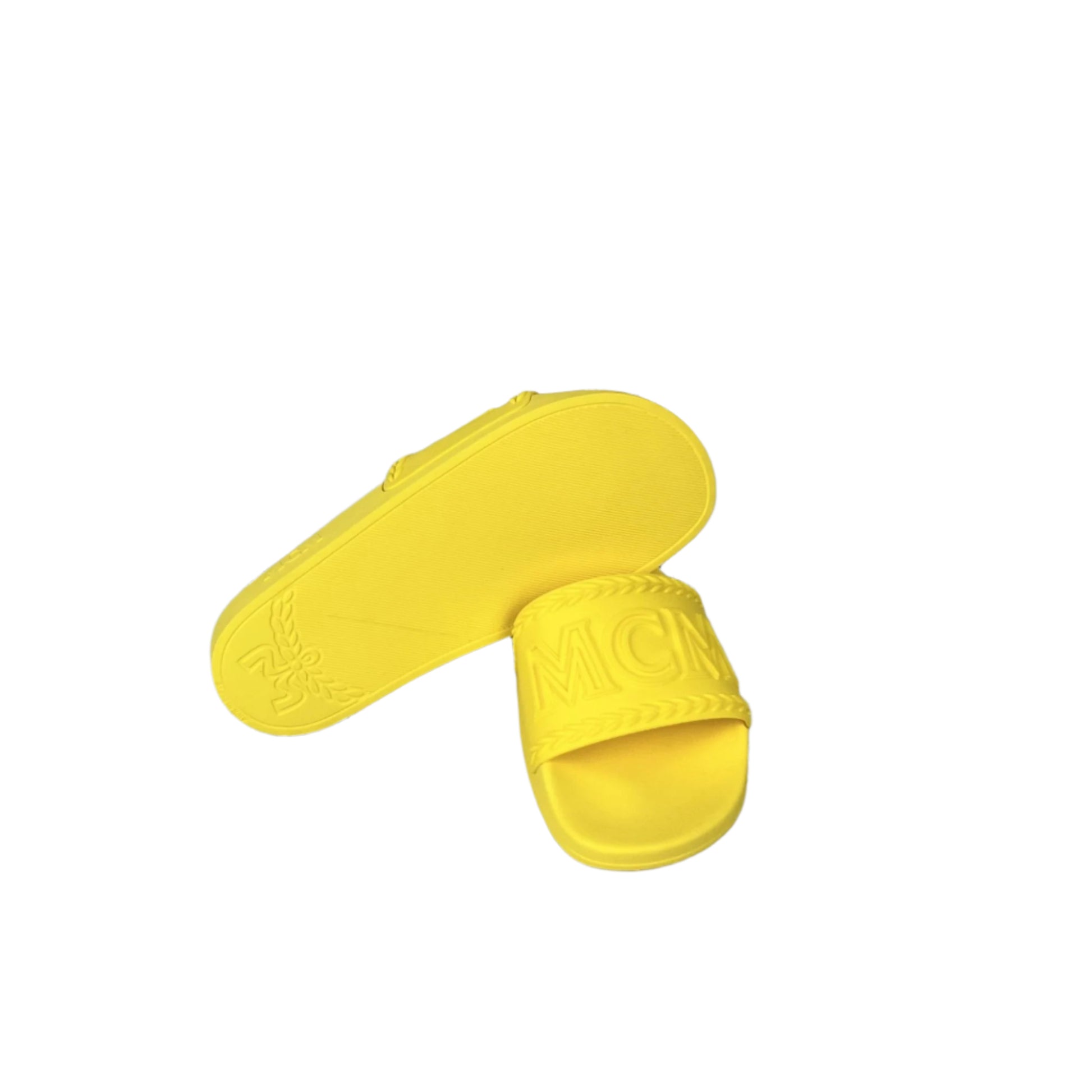 MCM Womens Yellow Big Logo Rubber Slides | Positivo Clothing