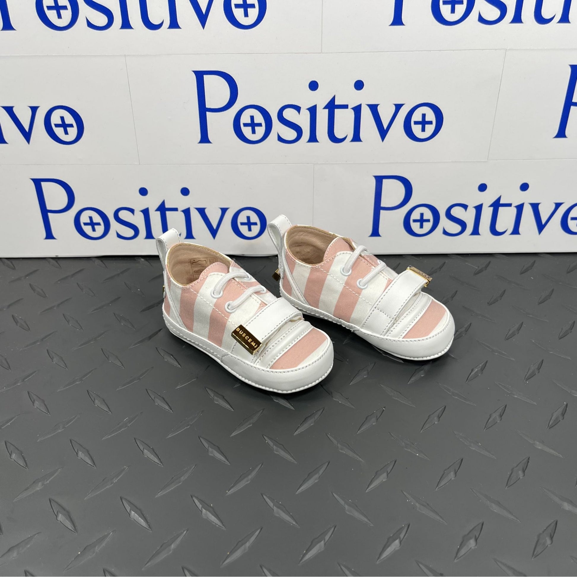 Buscemi 50MM Baby Stripe Pale Pink/ White Leather Sneakers | Positivo Clothing