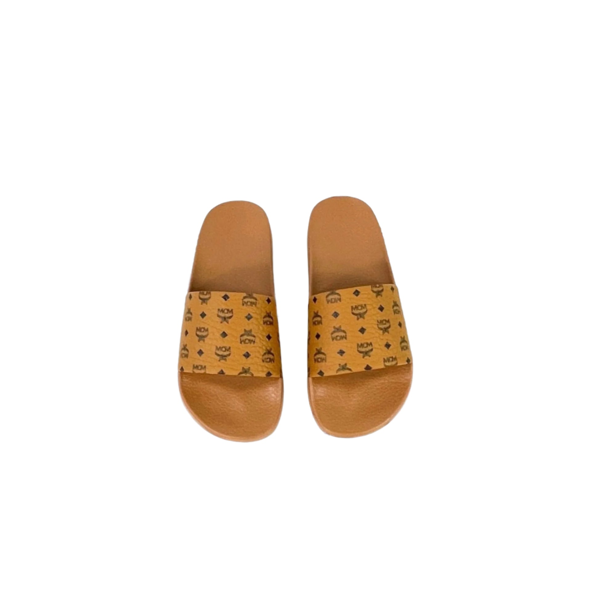 MCM Cognac Monogram Print Rubber Slides | Positivo Clothing