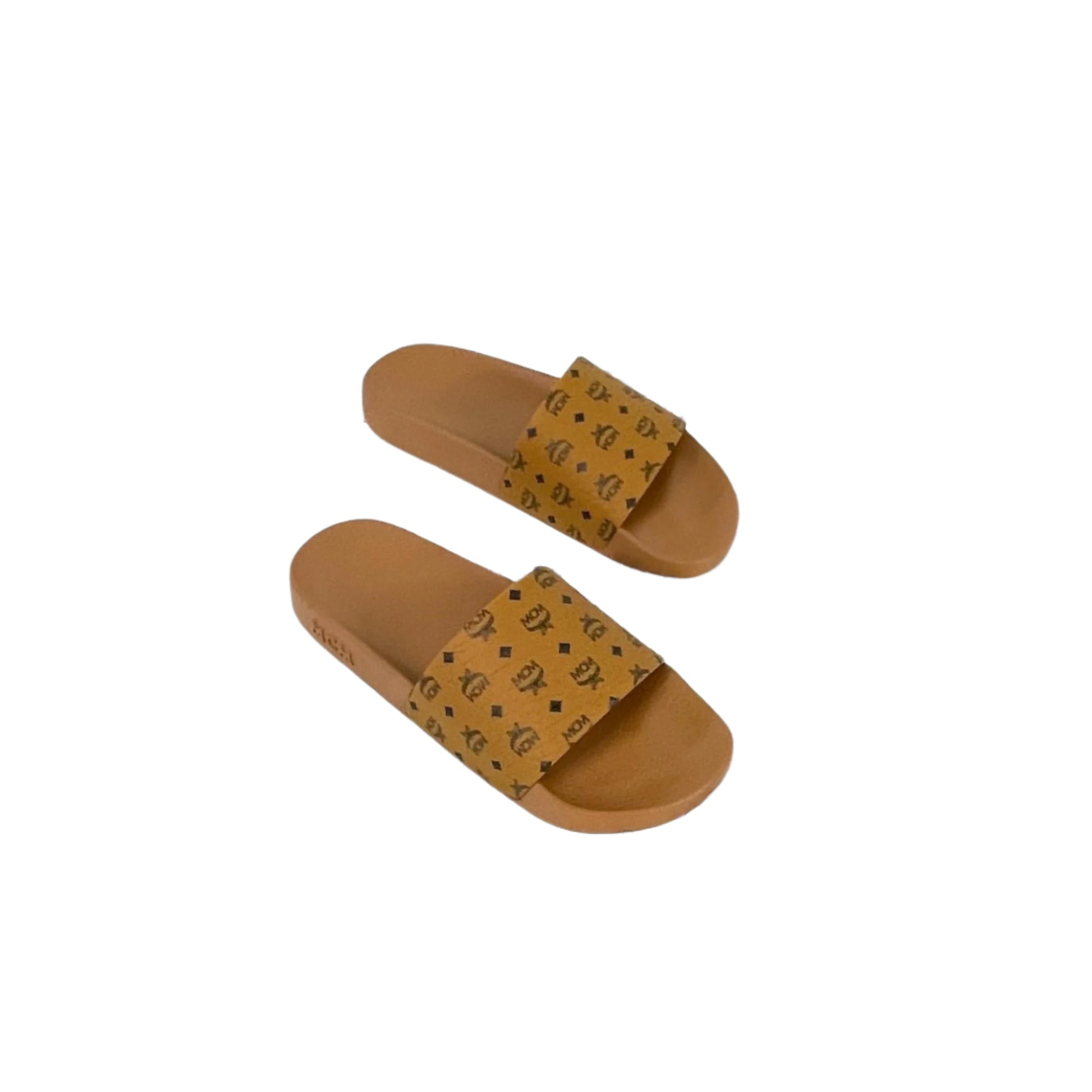 MCM Cognac Monogram Print Rubber Slides | Positivo Clothing