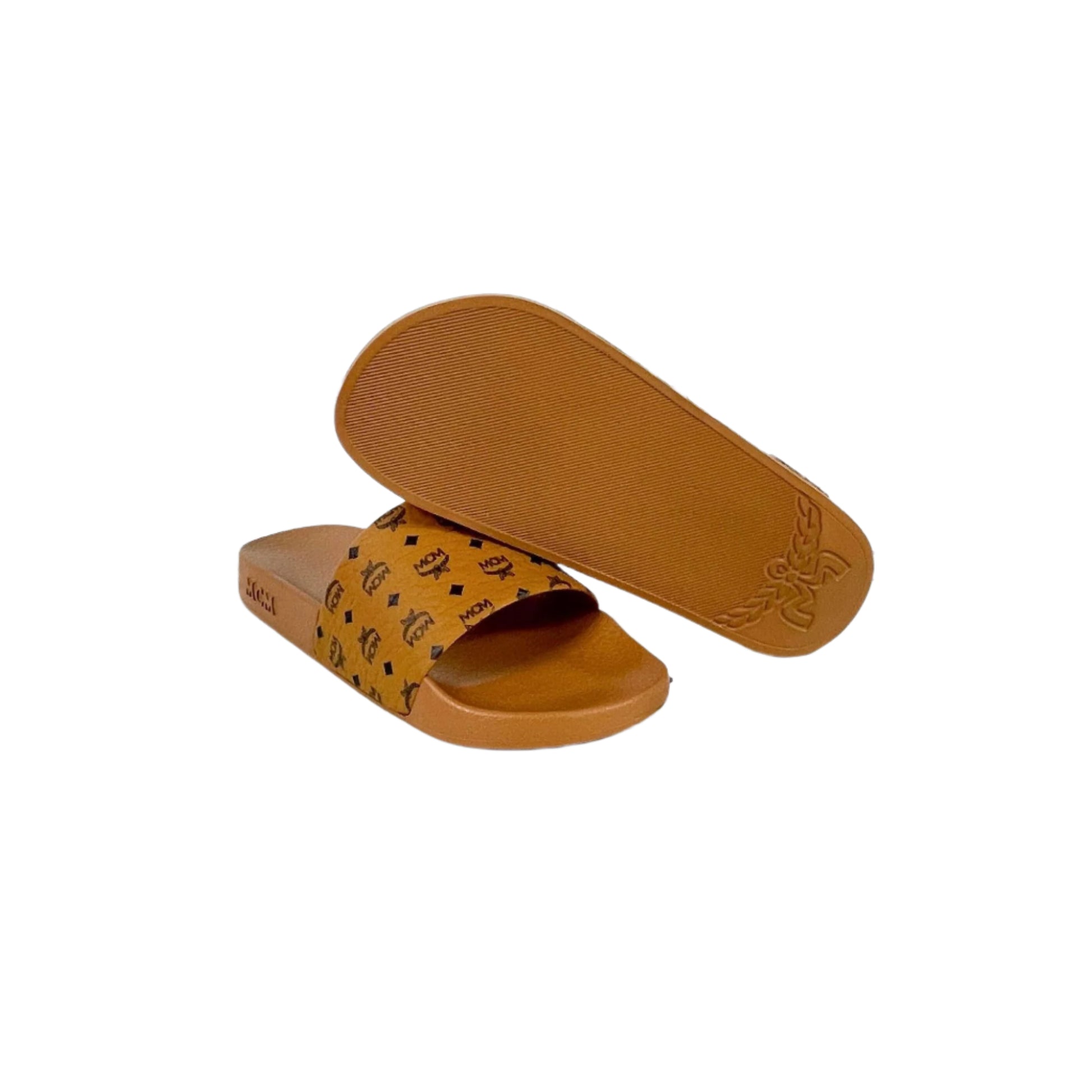 MCM Cognac Monogram Print Rubber Slides | Positivo Clothing