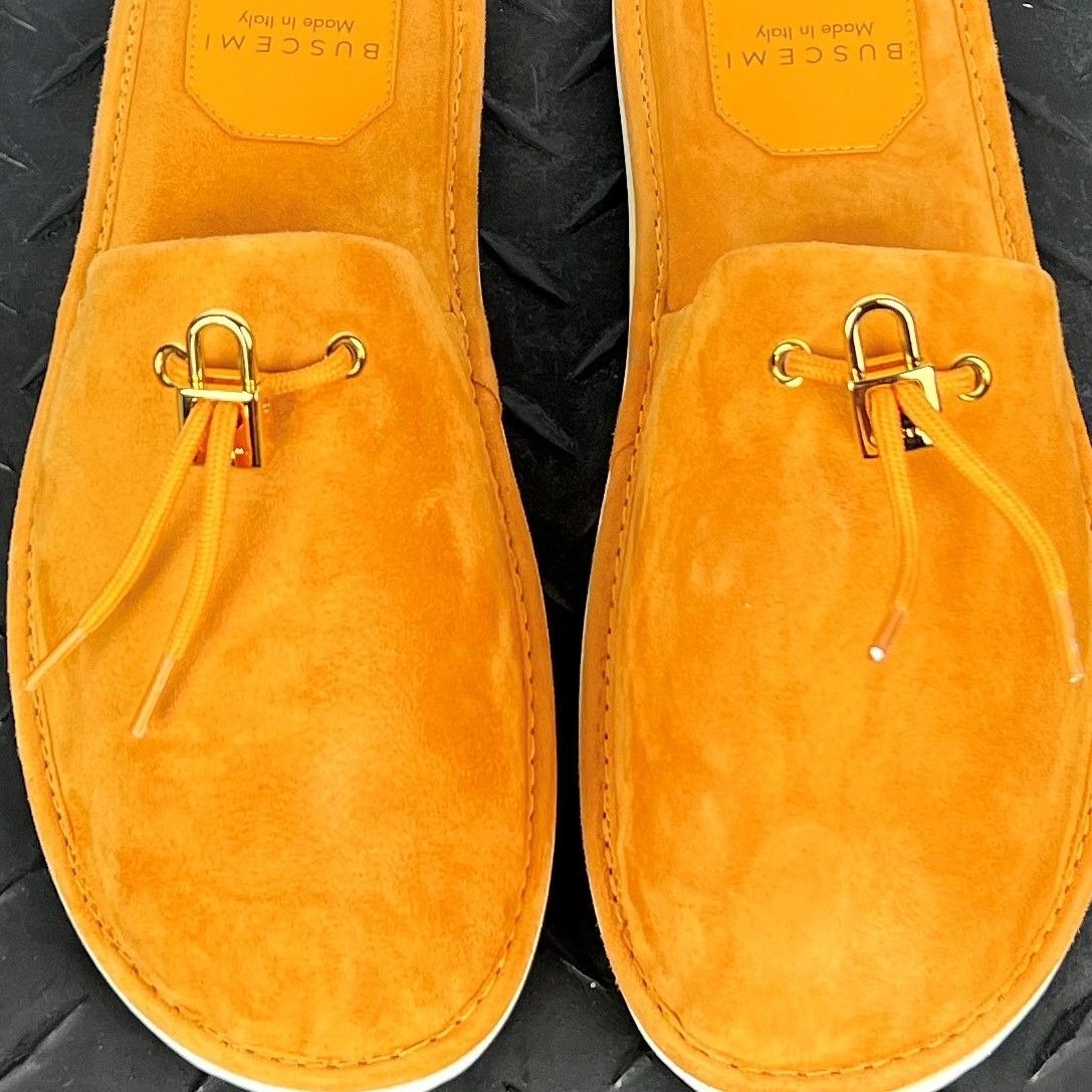 Buscemi Mens Greenwich Orange Suede Slippers | Positivo Clothing
