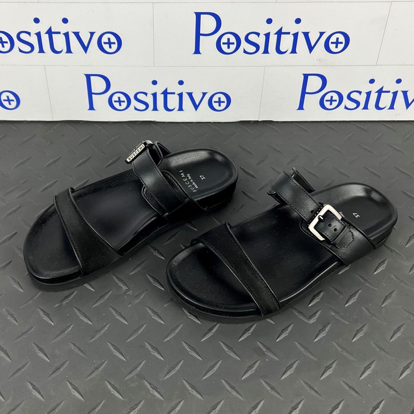 Buscemi Womens Slide Band Satin Black Leather Sandals SAMPLE | Positivo Clothing