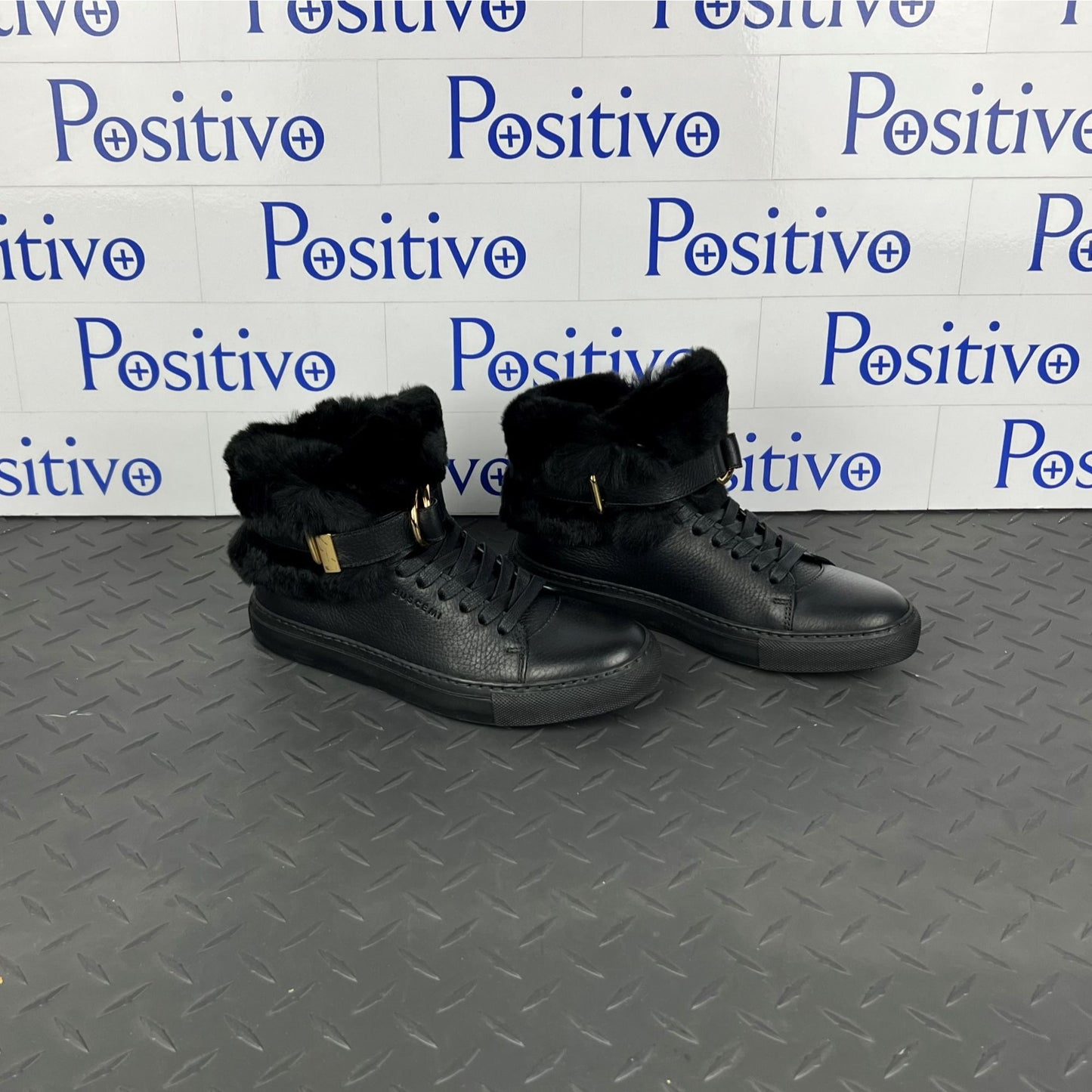 Buscemi Womens 100MM Rabbit Black Leather/Fur Sneakers | Positivo Clothing