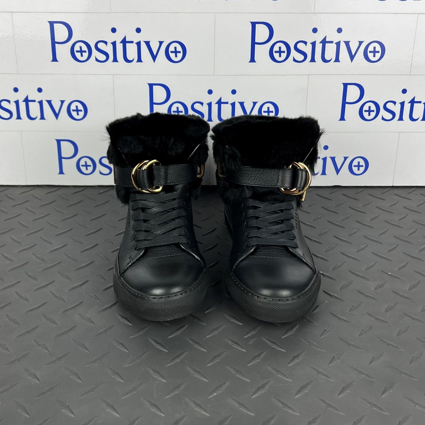 Buscemi Womens 100MM Rabbit Black Leather/Fur Sneakers | Positivo Clothing