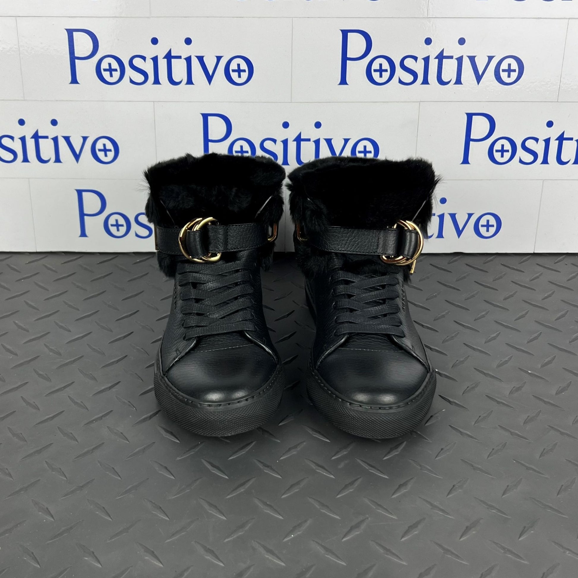 Buscemi Womens 100MM Rabbit Black Leather/Fur Sneakers | Positivo Clothing