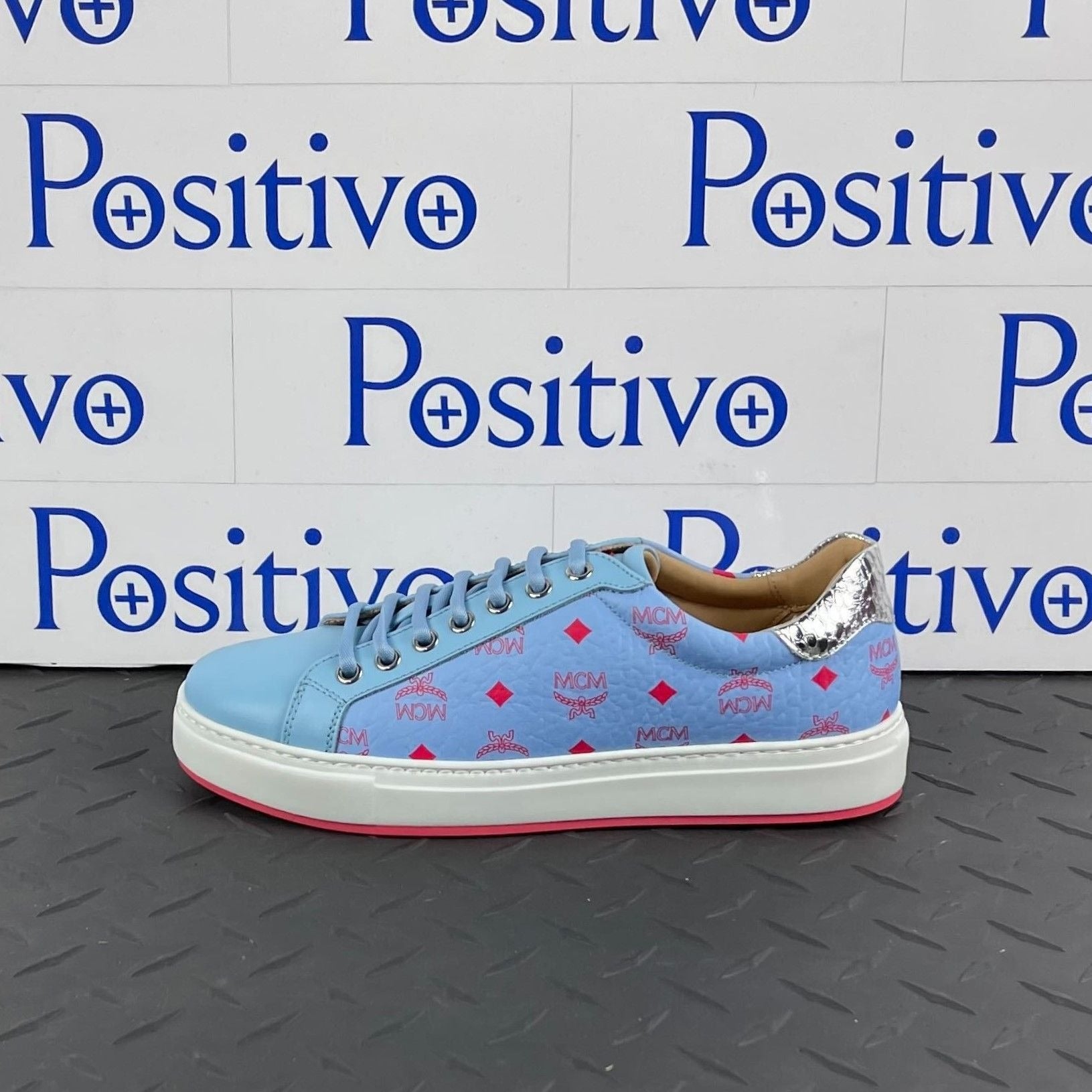 MCM Womens Blue Bell Leather Low Top Sneakers | Positivo Clothing