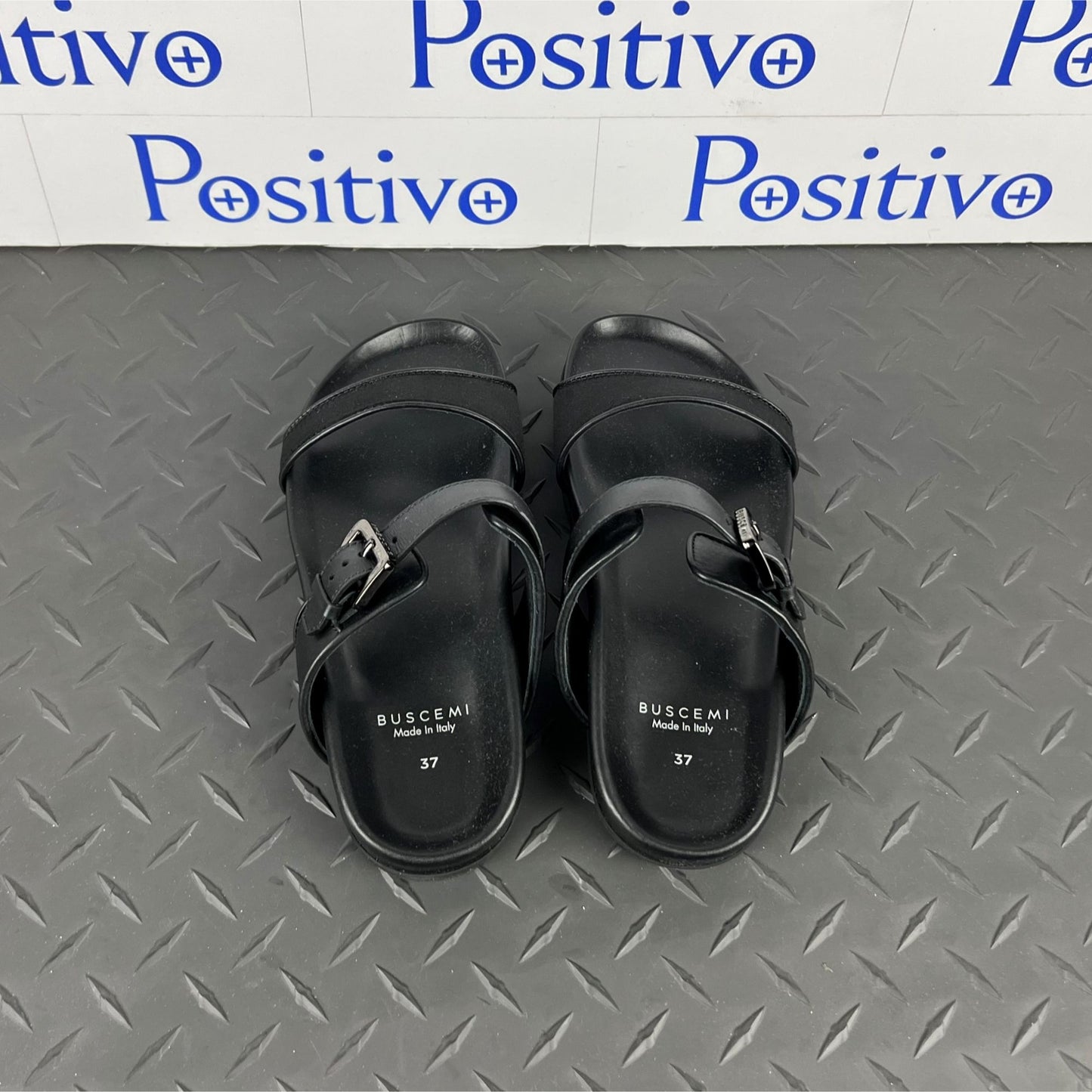 Buscemi Womens Slide Band Satin Black Leather Sandals SAMPLE | Positivo Clothing