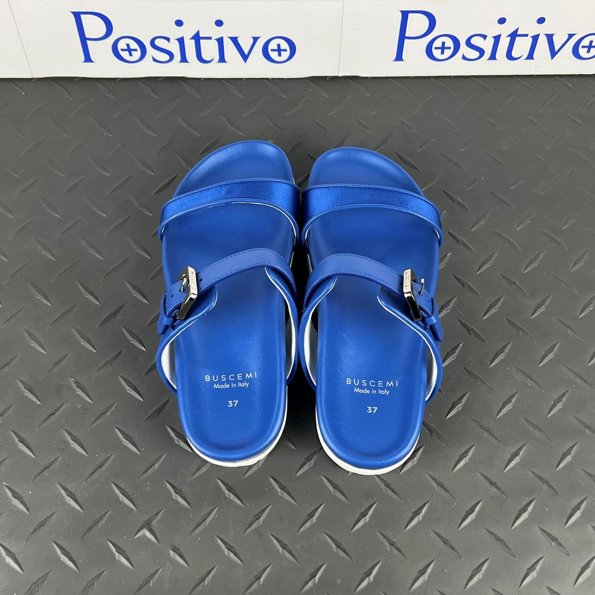 Buscemi Womens Slide Band Satin Royal Leather Sandals SAMPLE | Positivo Clothing