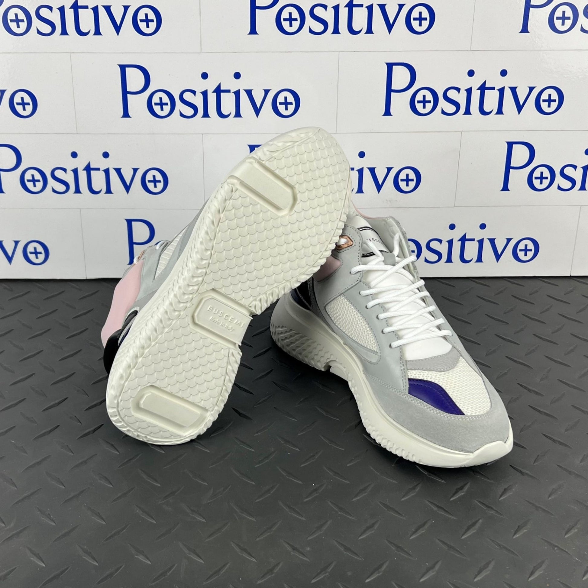 Buscemi Womens Veloce Mid Grey/Pink Leather Sneakers | Positivo Clothing