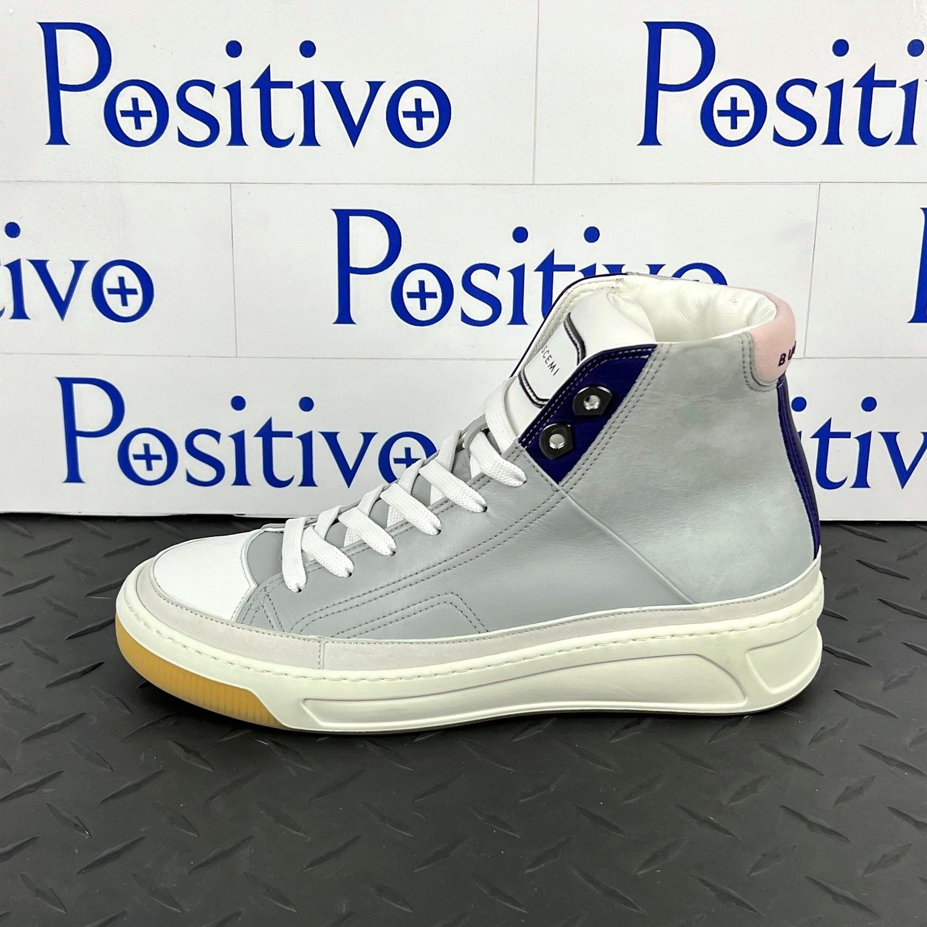 Buscemi Womens Prodigy Mid Grey and White Leather Sneakers SAMPLE | Positivo Clothing