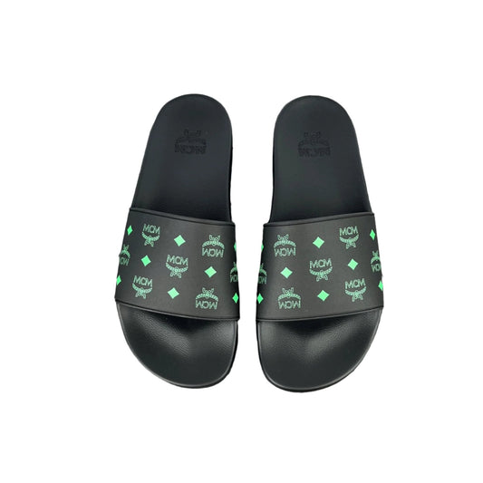 MCM Mens Black/Green Monogram Print Rubber Slides | Positivo Clothing