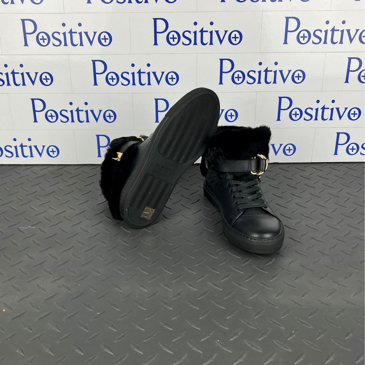 Buscemi Womens 100MM Rabbit Black Leather/Fur Sneakers | Positivo Clothing