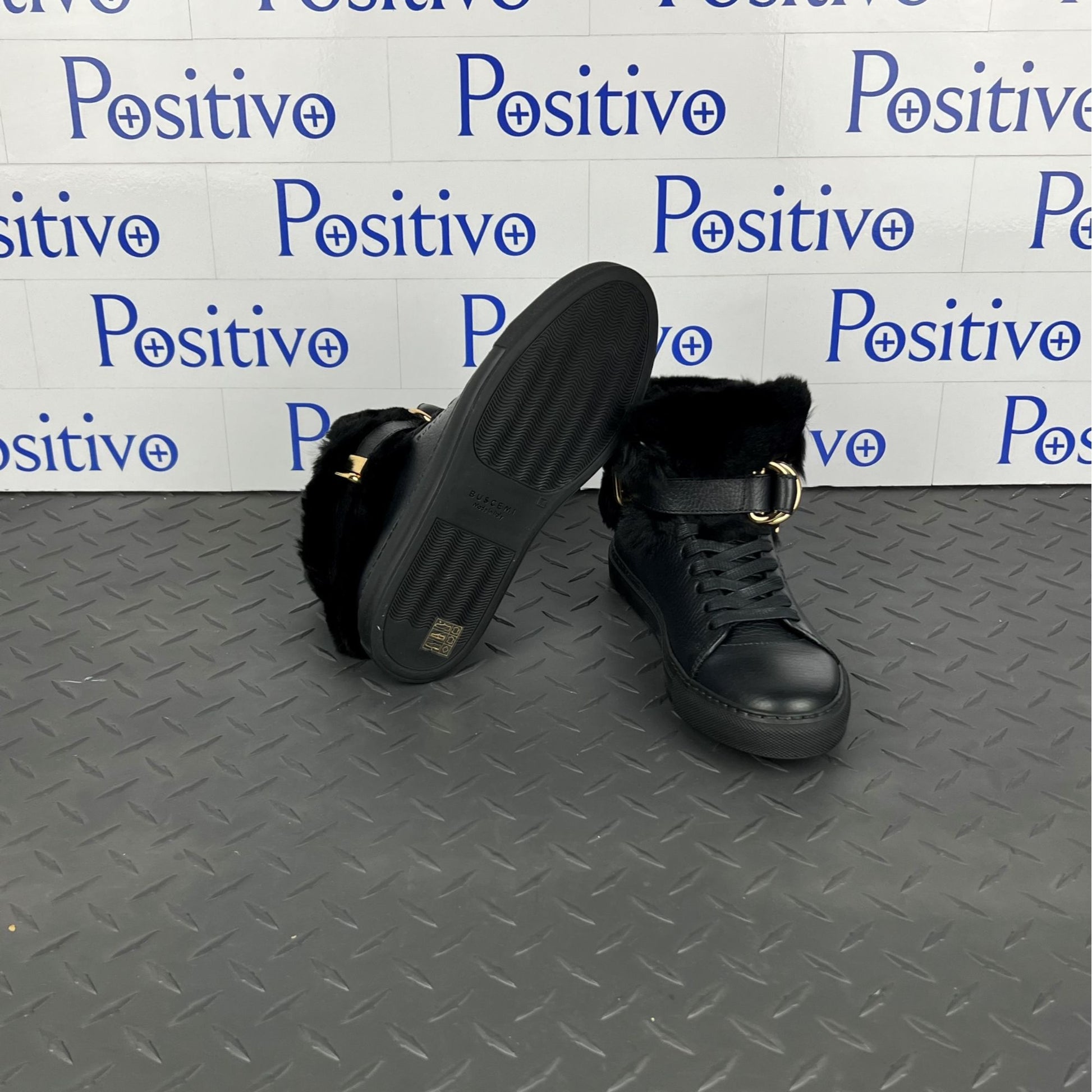 Buscemi Womens 100MM Rabbit Black Leather/Fur Sneakers | Positivo Clothing