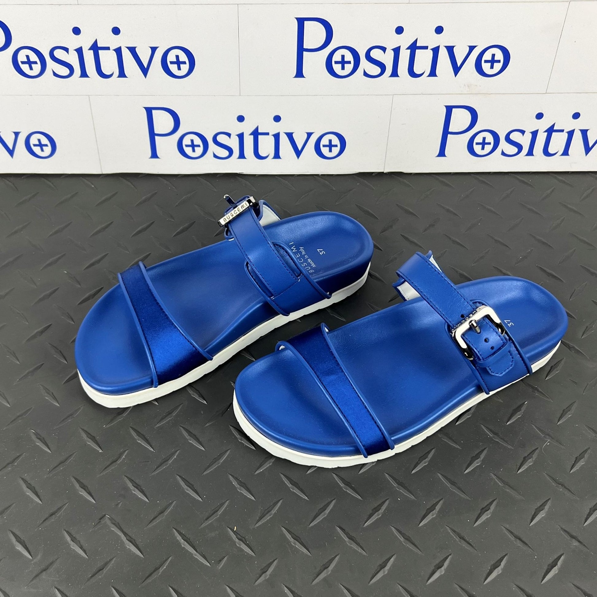 Buscemi Womens Slide Band Satin Royal Leather Sandals SAMPLE | Positivo Clothing