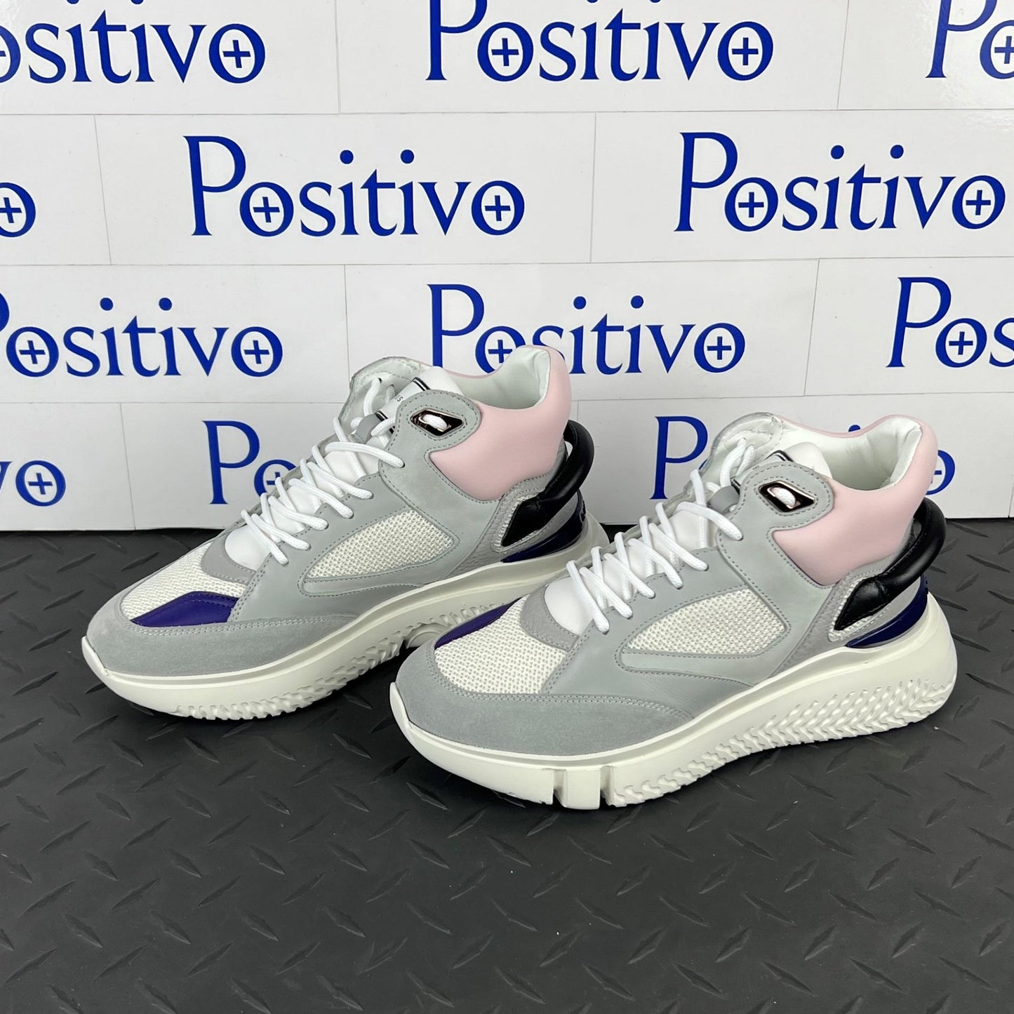 Buscemi Womens Veloce Mid Grey/Pink Leather Sneakers | Positivo Clothing