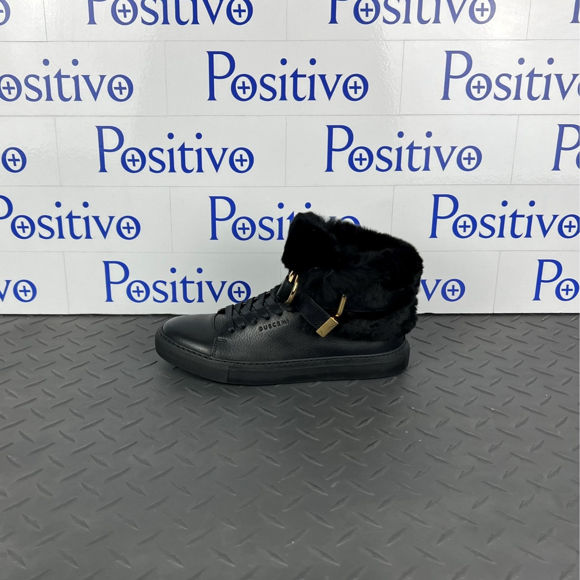 Buscemi Womens 100MM Rabbit Black Leather/Fur Sneakers | Positivo Clothing