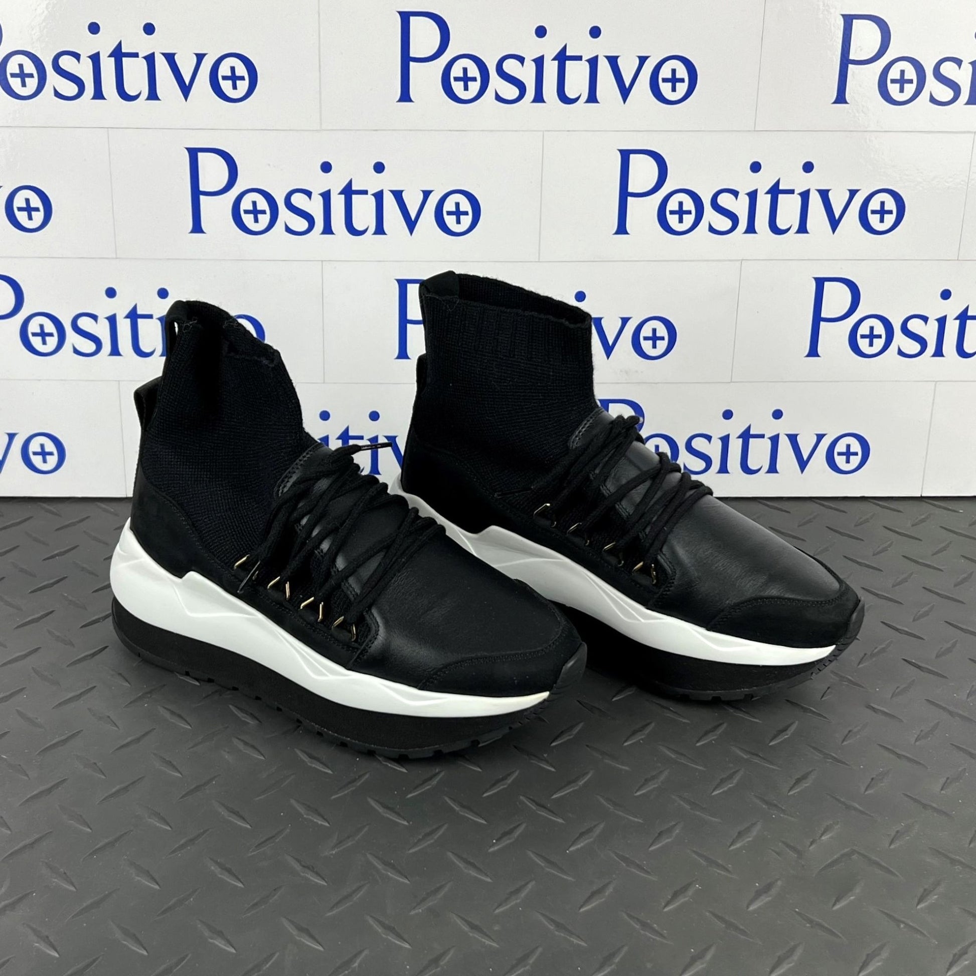 Buscemi Womens Run1 Sock Wedge Black Leather Sneakers SAMPLE | Positivo Clothing