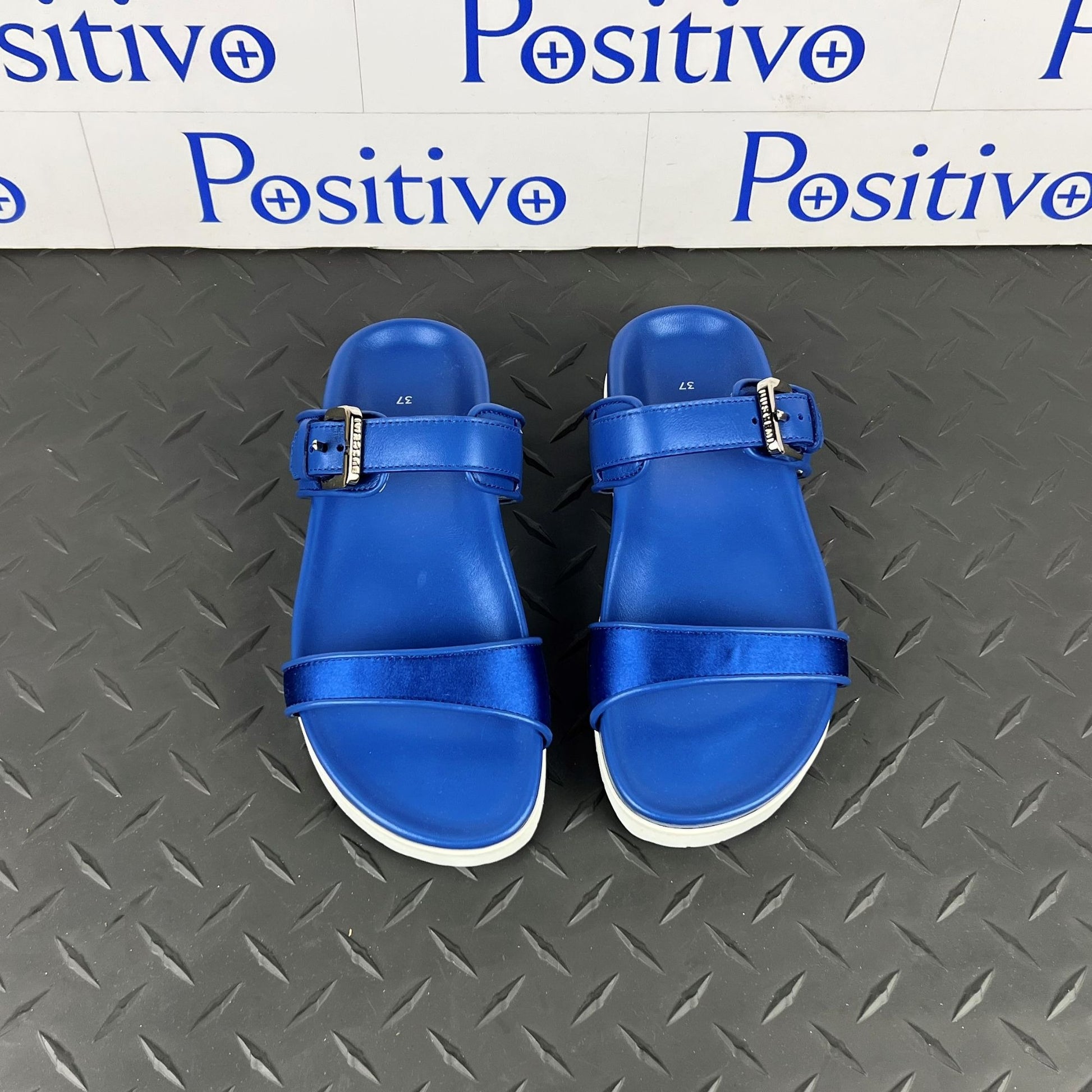Buscemi Womens Slide Band Satin Royal Leather Sandals SAMPLE | Positivo Clothing