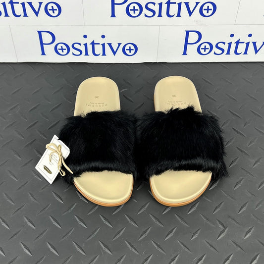 Buscemi Slide Fur Clot Black Leather Slippers | Positivo Clothing
