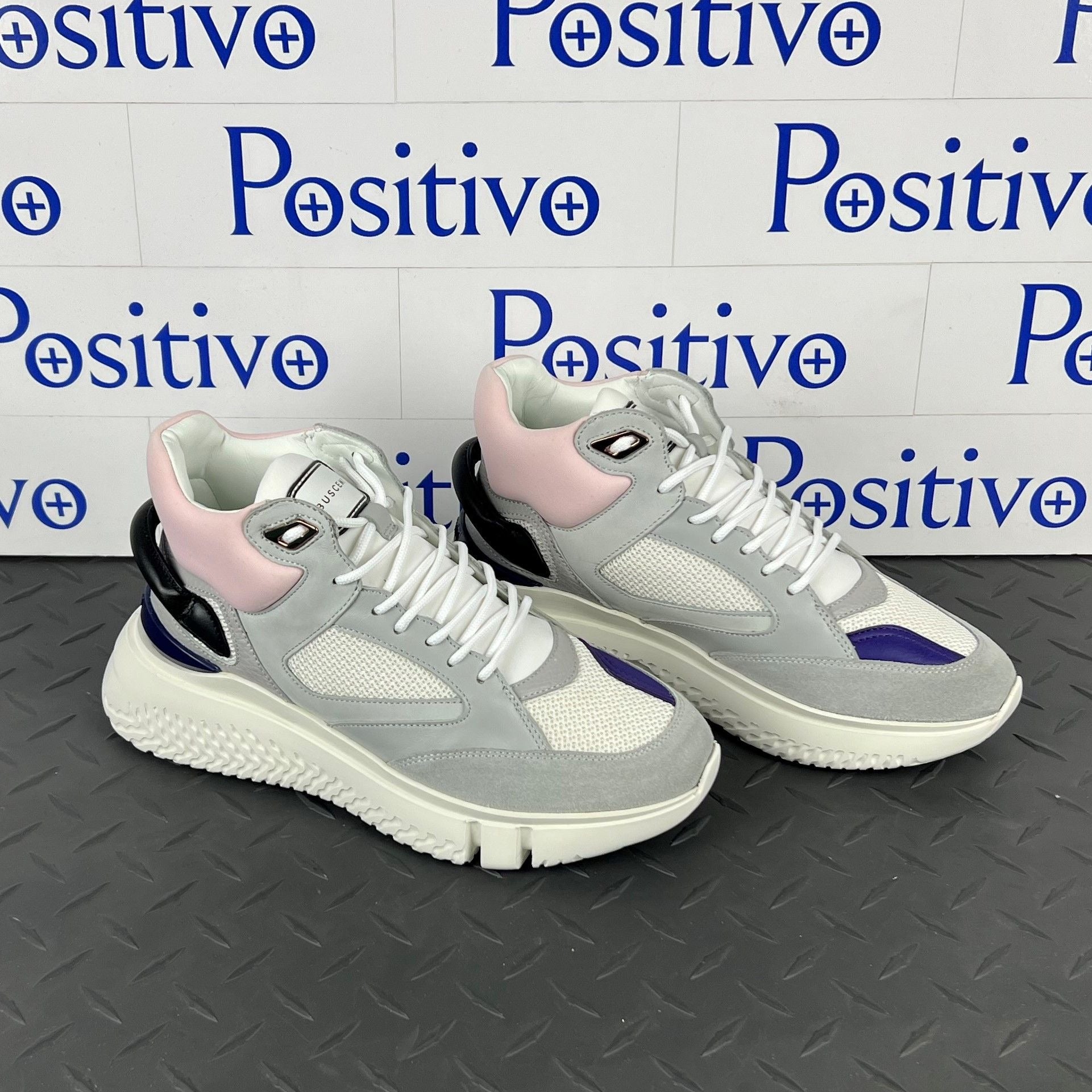 Buscemi Womens Veloce Mid Grey/Pink Leather Sneakers | Positivo Clothing
