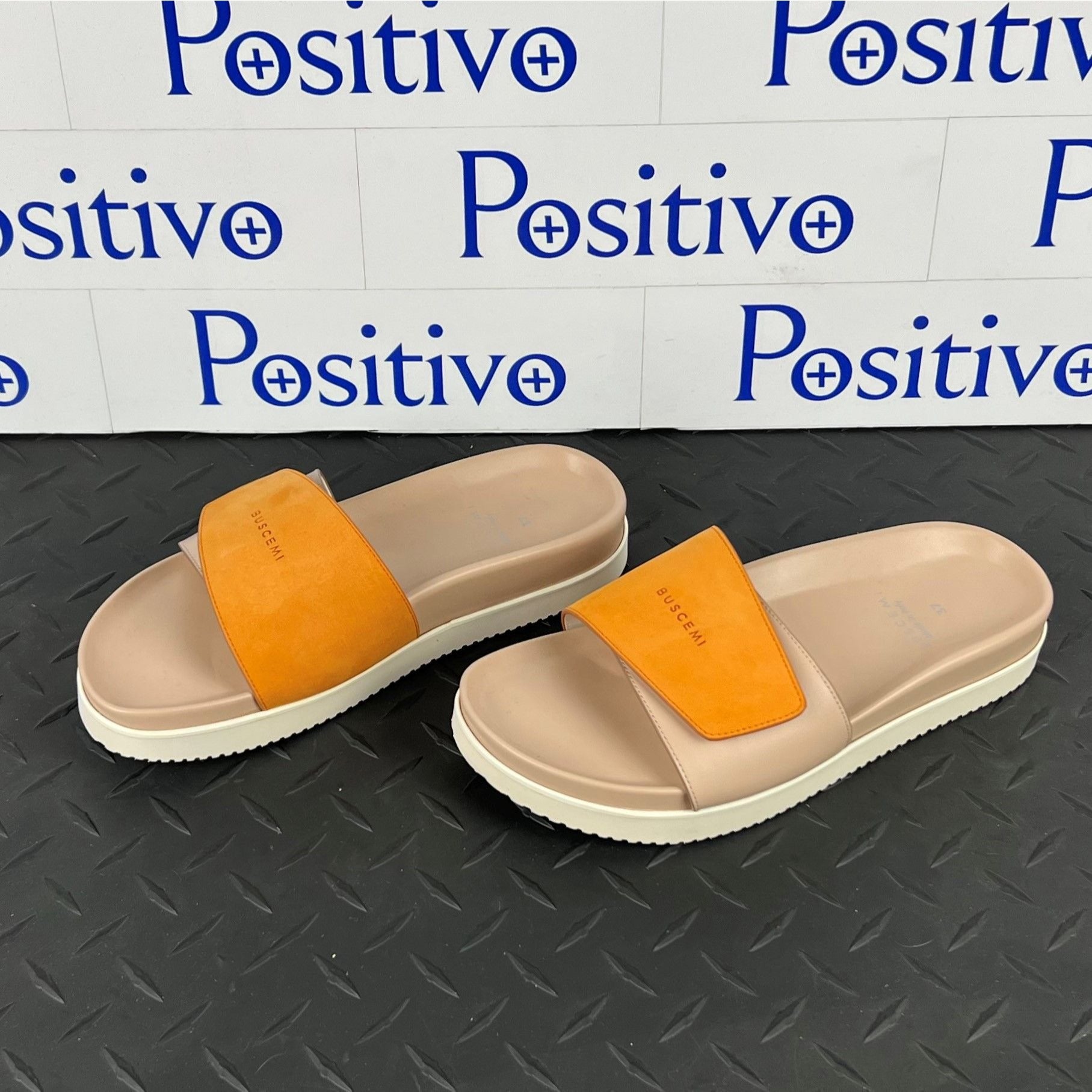 Buscemi Womens Slide Scratch Nude/Orange Leather Sandals SAMPLE | Positivo Clothing