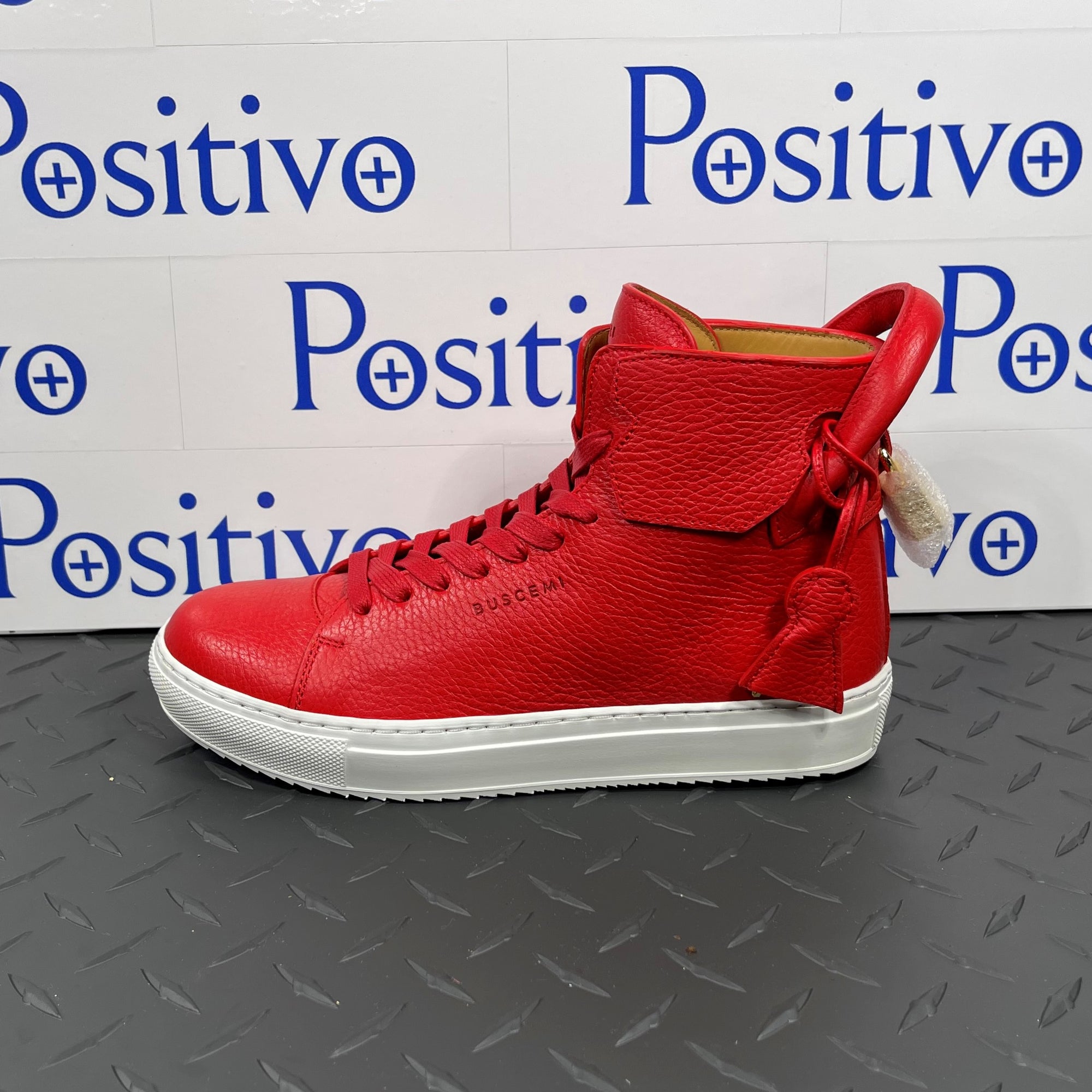 Buscemi Mens 125MM Red/White Leather High Top Sneakers | Positivo Clothing