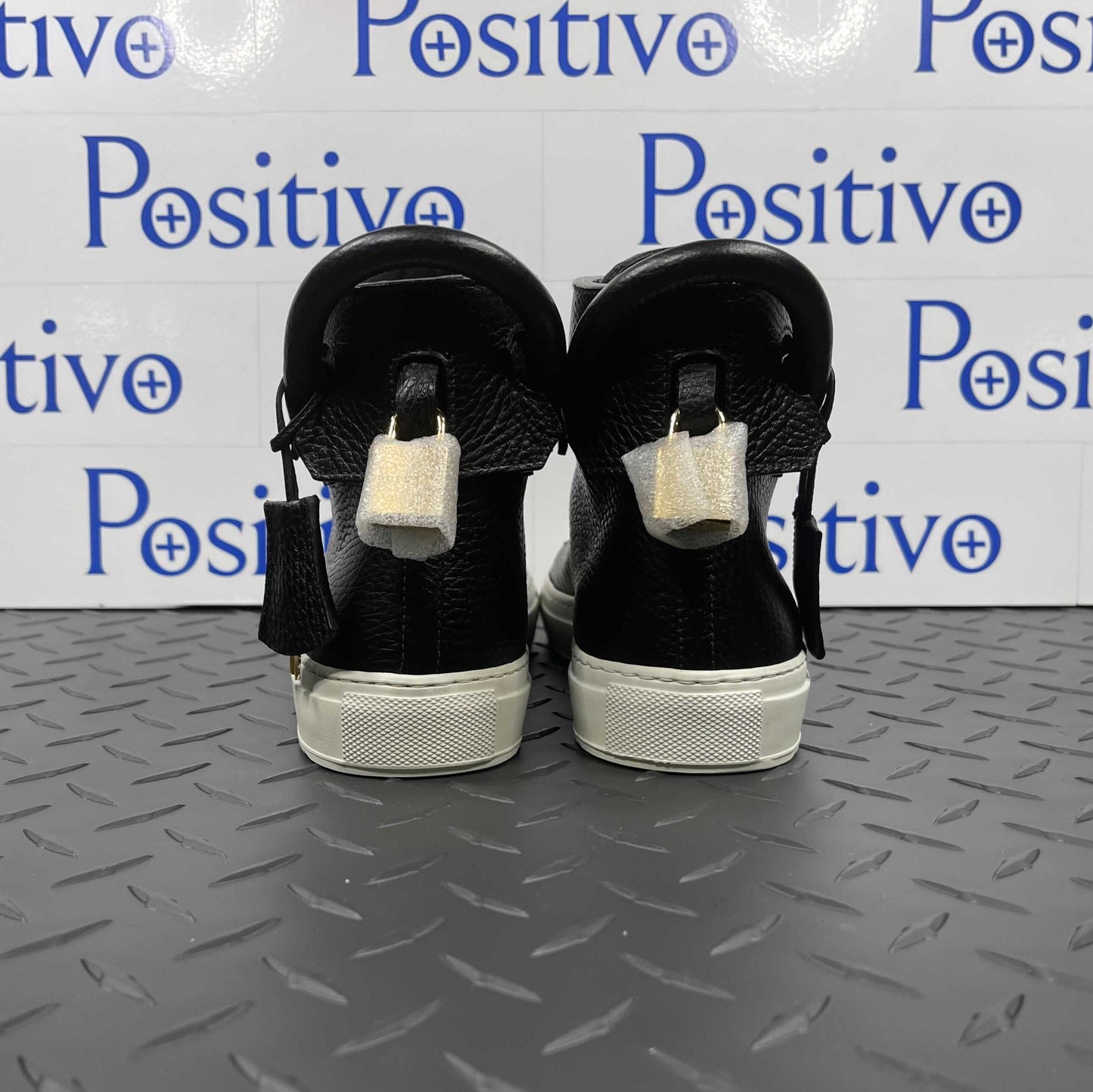 Buscemi Womens 125MM Black/White Leather High Top Sneakers | Positivo Clothing