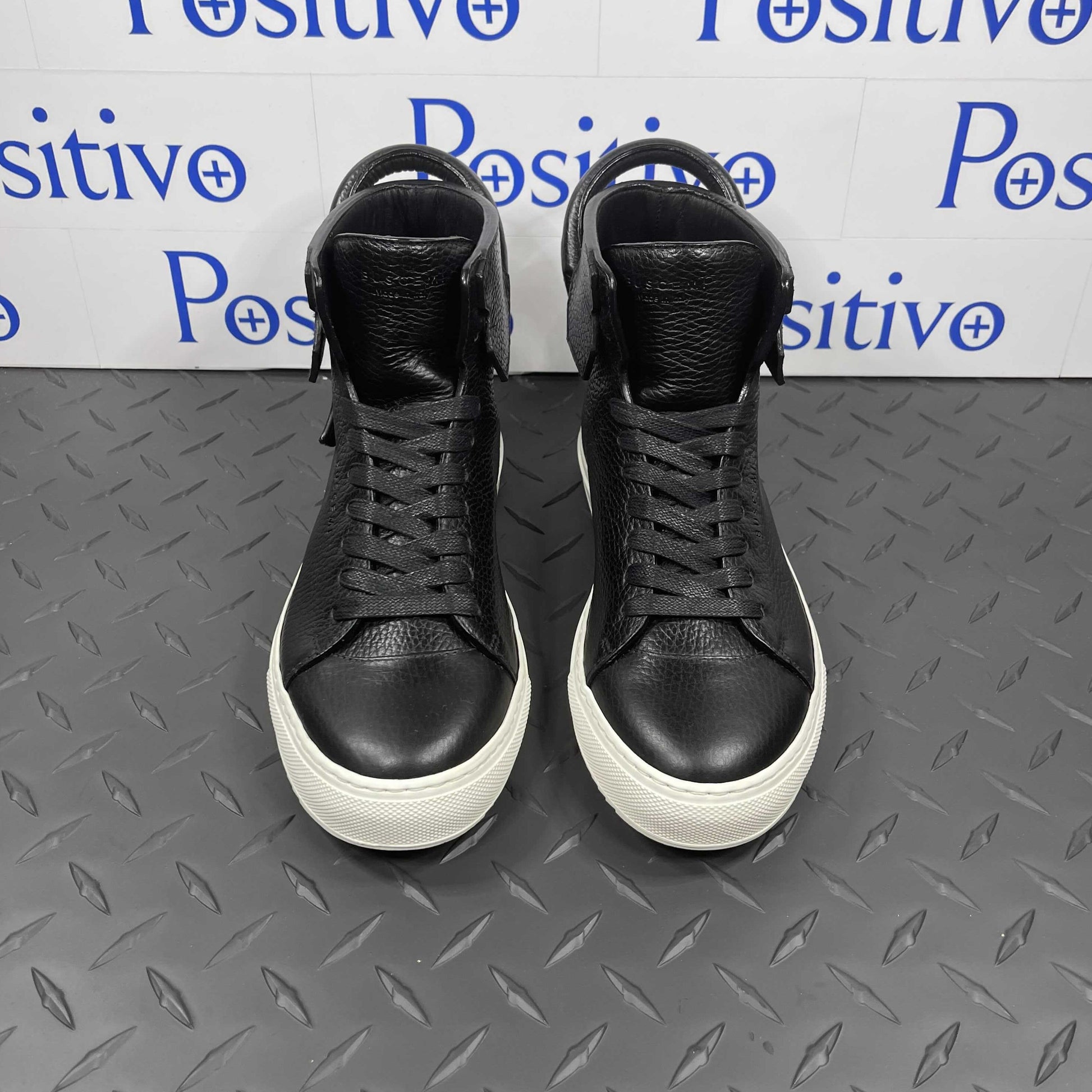 Buscemi Womens 125MM Black/White Leather High Top Sneakers | Positivo Clothing