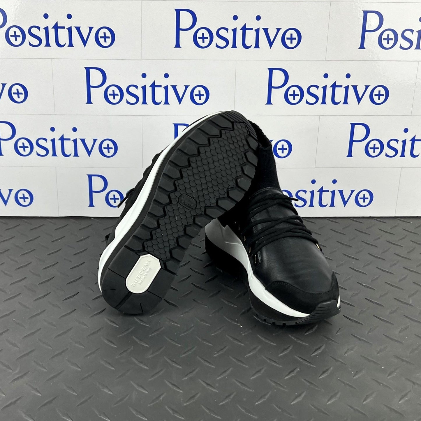 Buscemi Womens Run1 Sock Wedge Black Leather Sneakers SAMPLE | Positivo Clothing