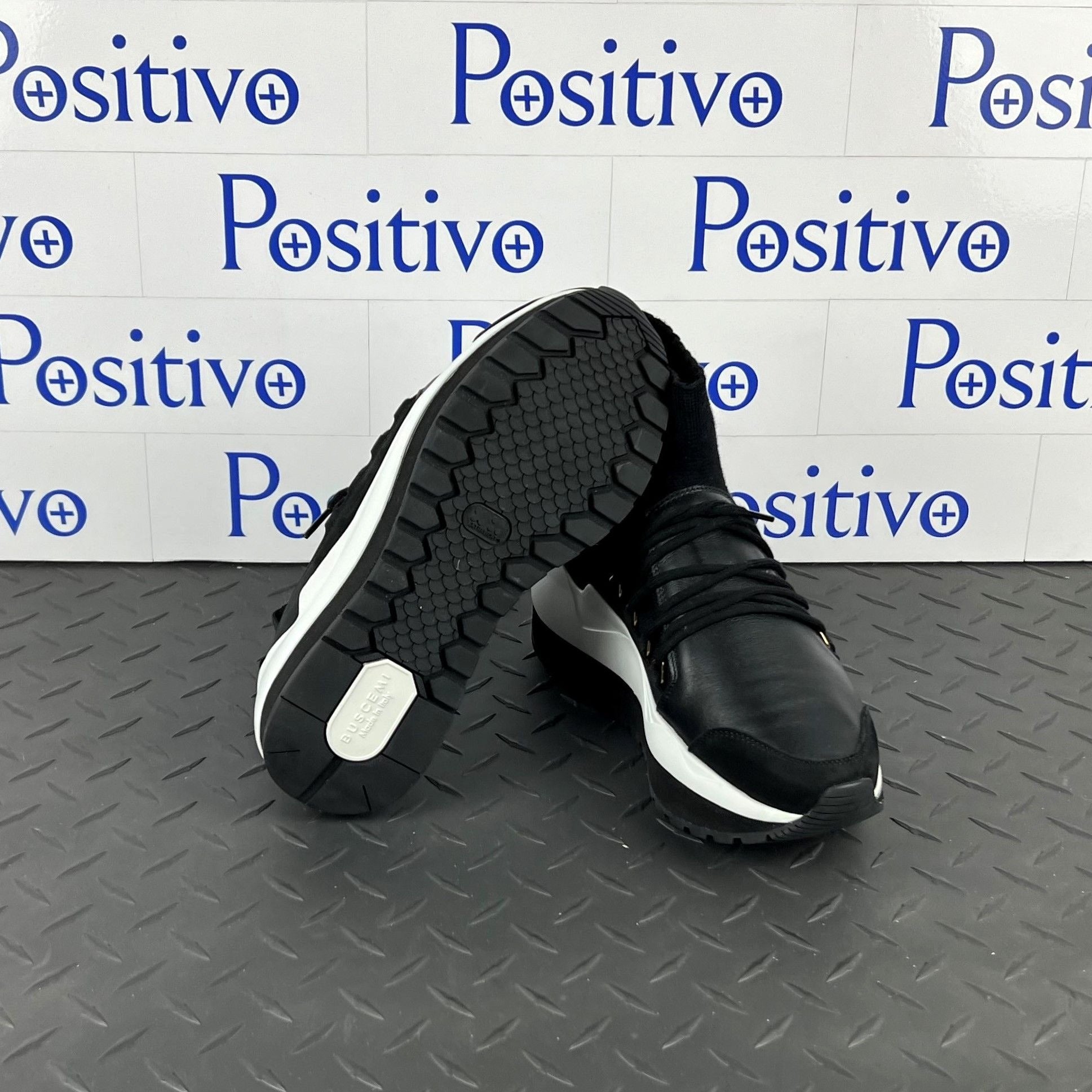 Buscemi Womens Run1 Sock Wedge Black Leather Sneakers SAMPLE | Positivo Clothing