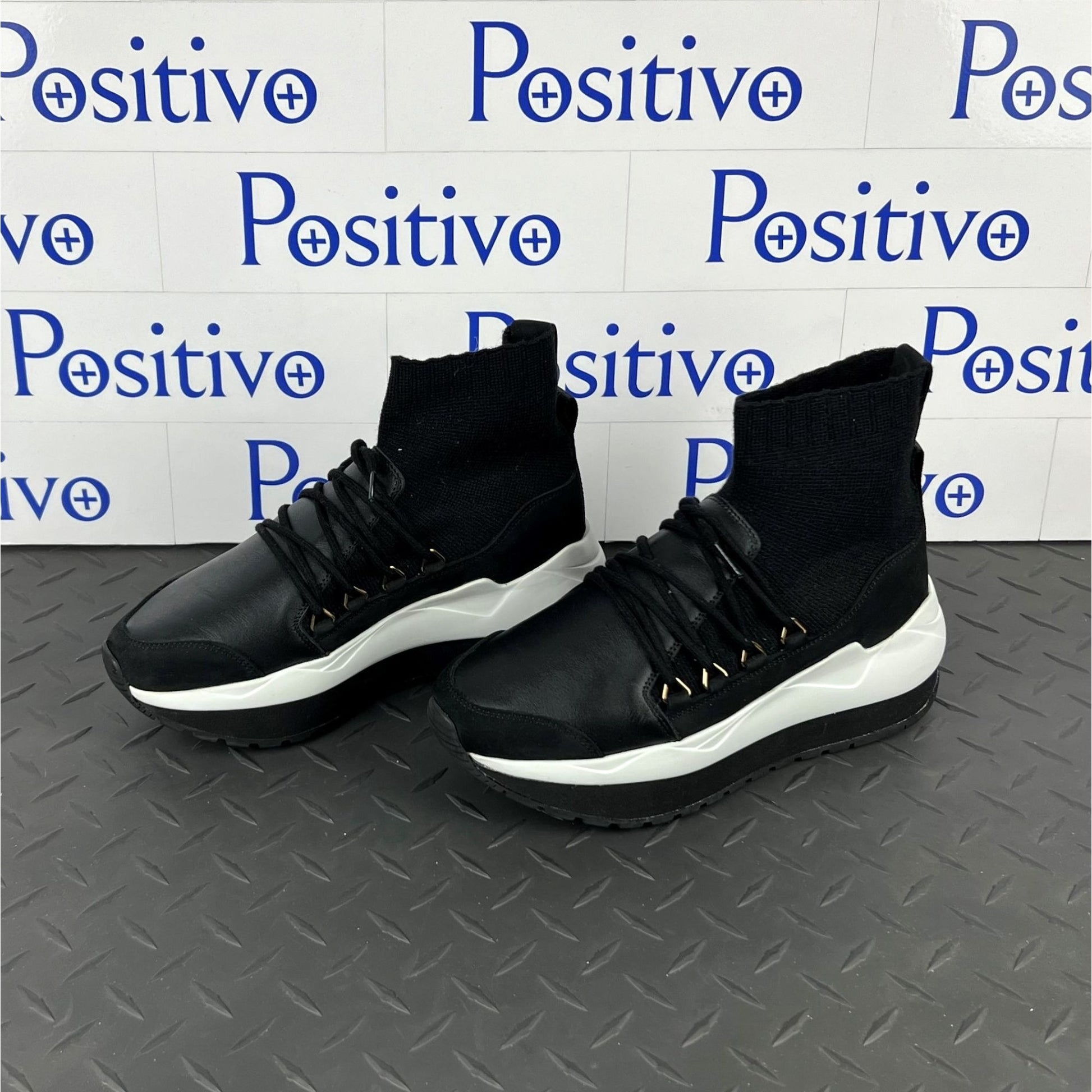 Buscemi Womens Run1 Sock Wedge Black Leather Sneakers SAMPLE | Positivo Clothing
