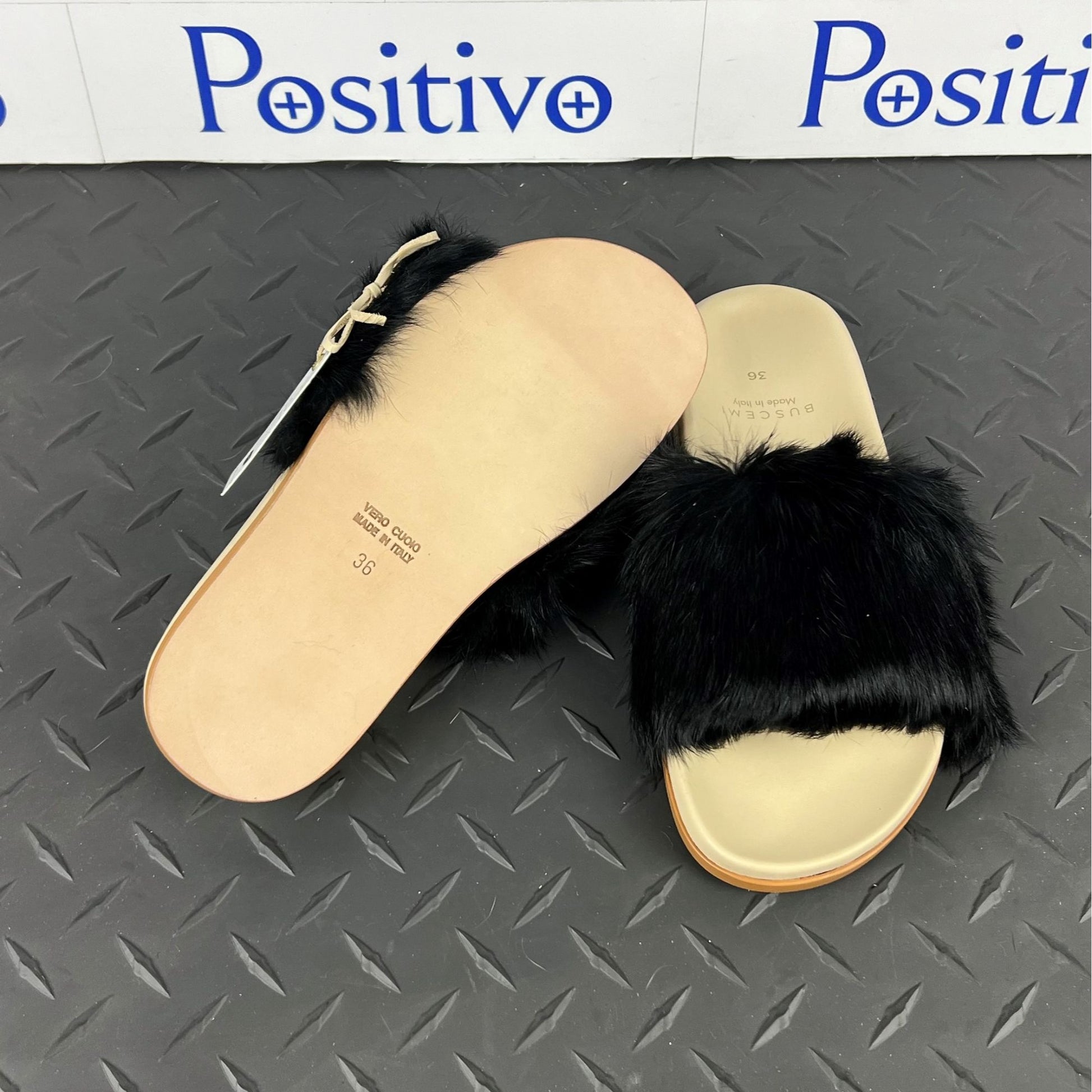 Buscemi Slide Fur Clot Black Leather Slippers | Positivo Clothing