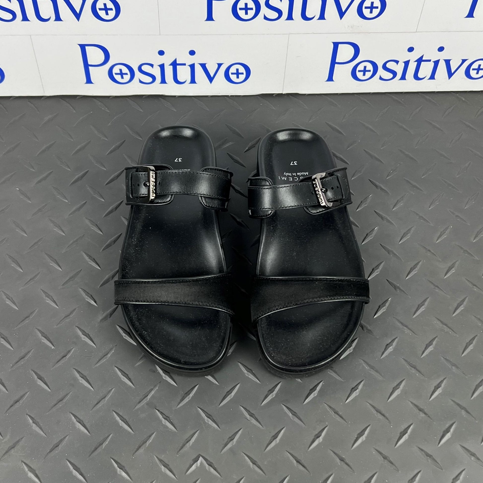 Buscemi Womens Slide Band Satin Black Leather Sandals SAMPLE | Positivo Clothing