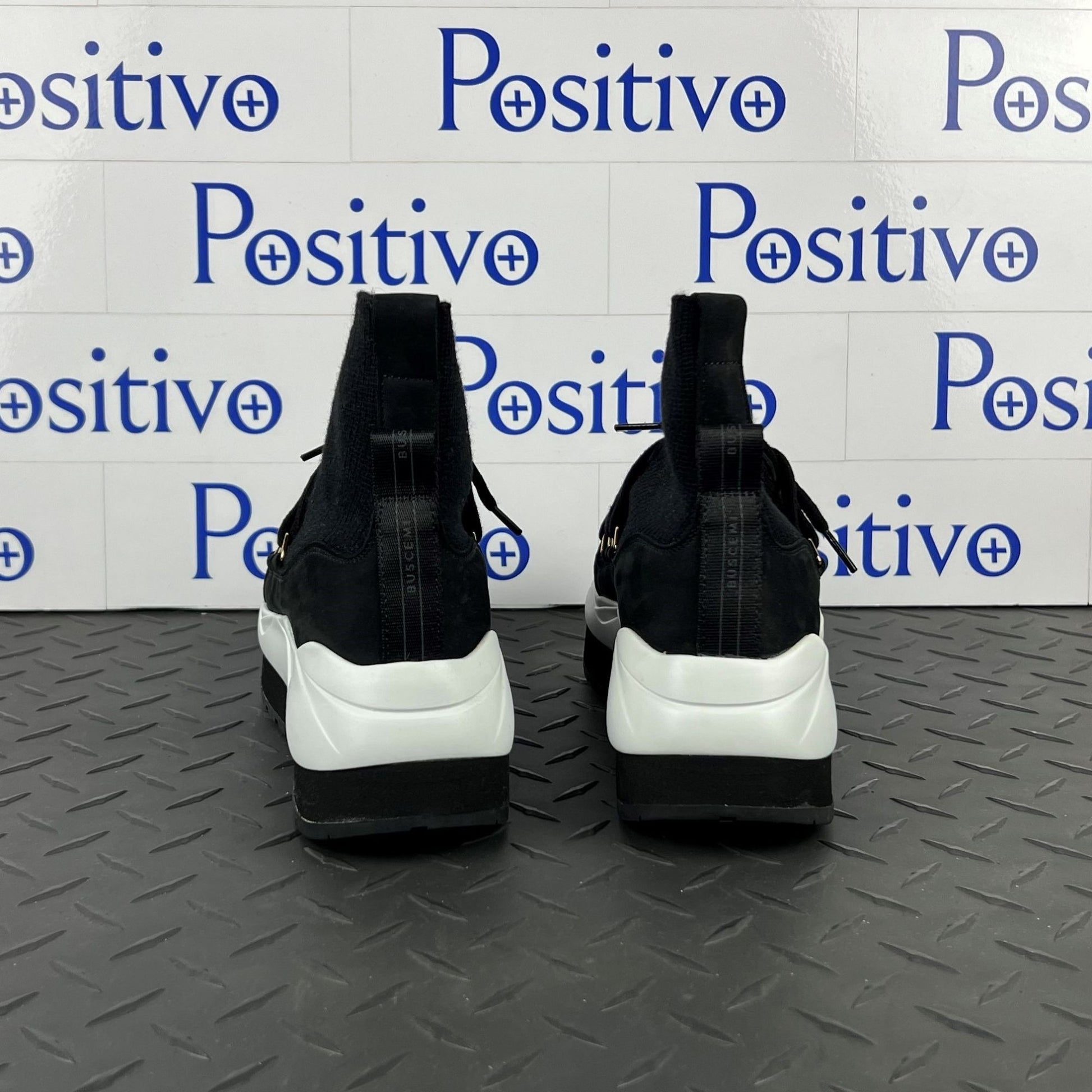 Buscemi Womens Run1 Sock Wedge Black Leather Sneakers SAMPLE | Positivo Clothing