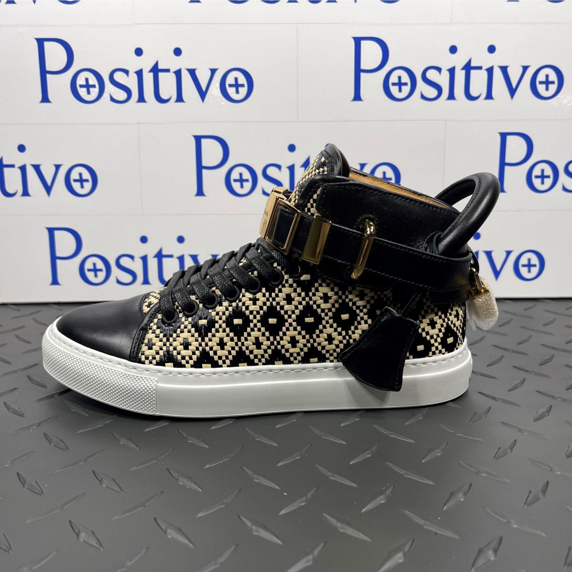 Buscemi 100MM Flat & Diamond Black Leather High Top Sneakers | Positivo Clothing