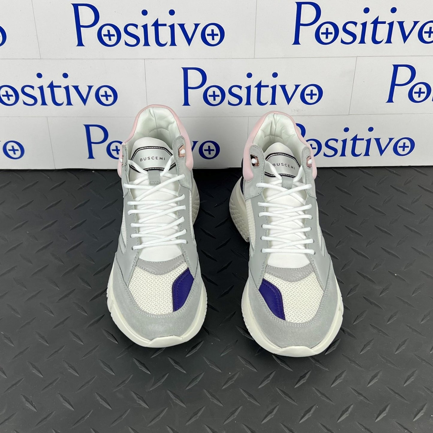 Buscemi Womens Veloce Mid Grey/Pink Leather Sneakers | Positivo Clothing