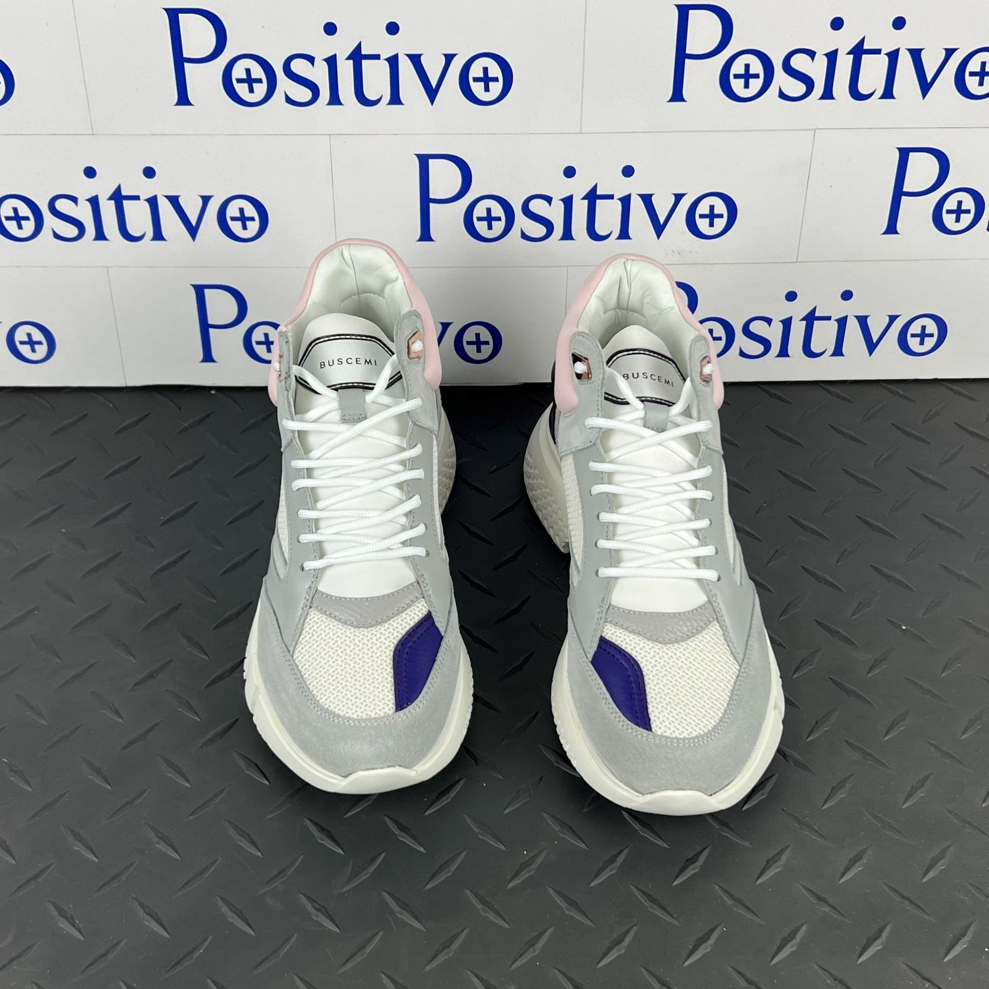 Buscemi Womens Veloce Mid Grey/Pink Leather Sneakers | Positivo Clothing
